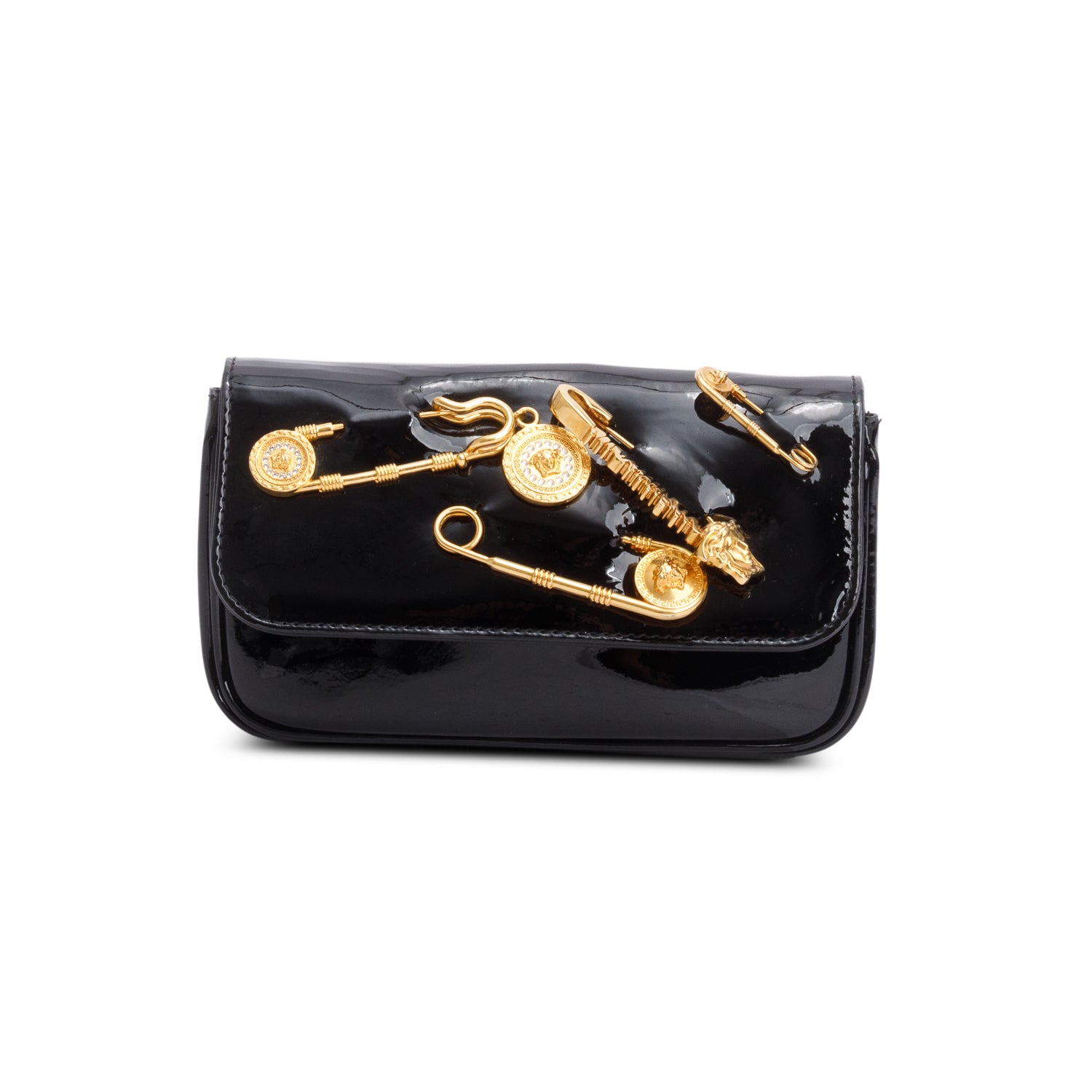 Versace Black Patent Leather Safety Pin Embellished Wallet on Chain