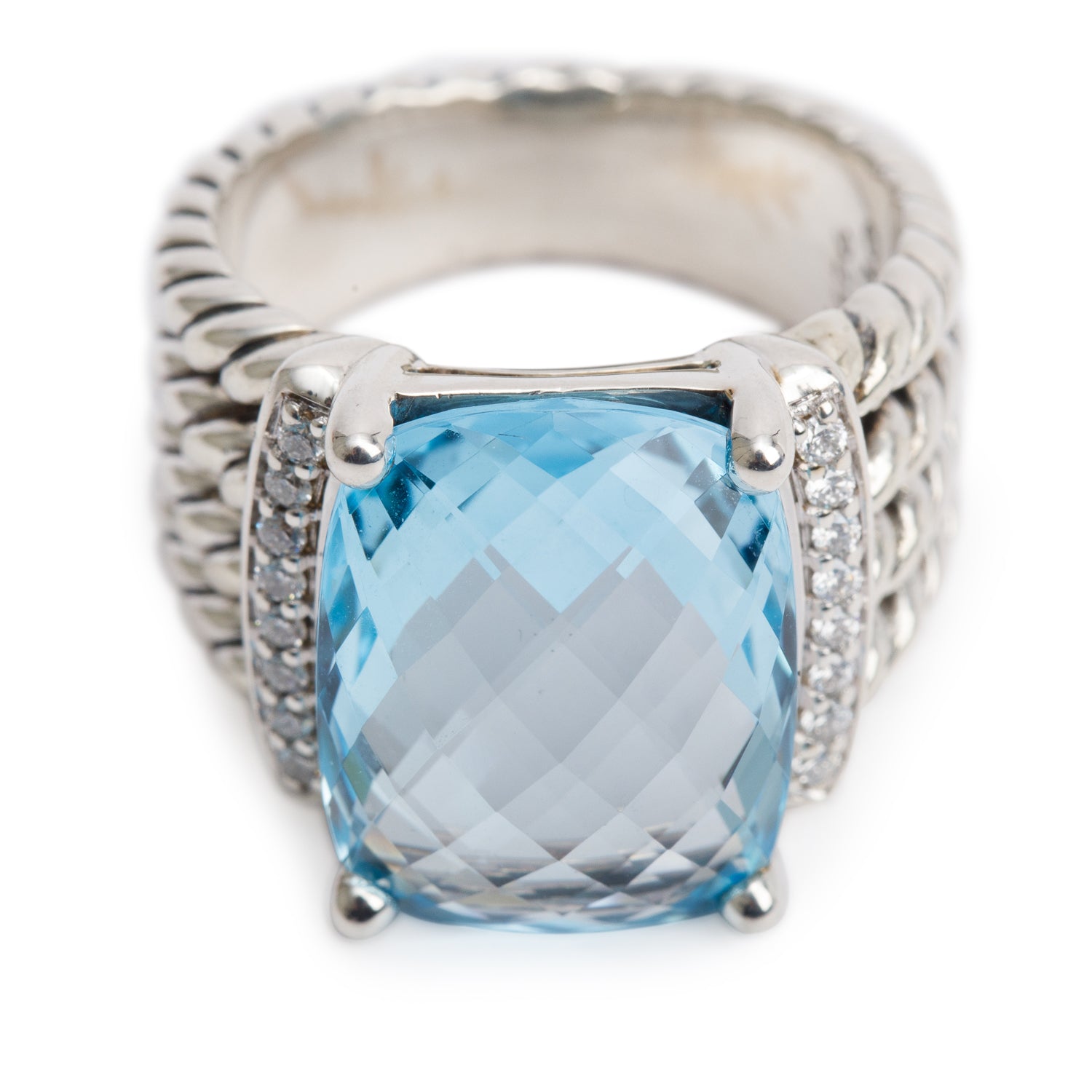 David Yurman Sterling Silver Blue Topaz & Diamond Wheaton Ring, Size 7