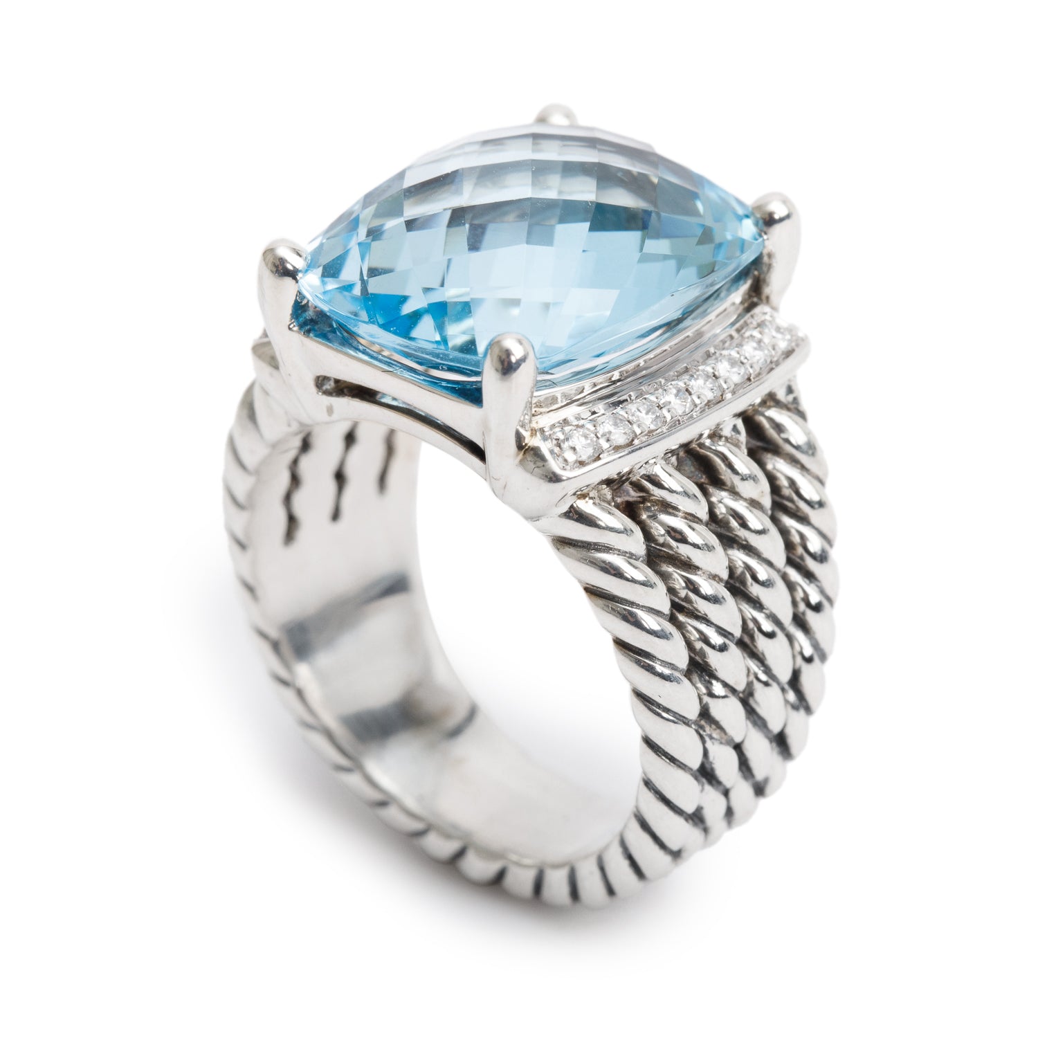 David Yurman Sterling Silver Blue Topaz & Diamond Wheaton Ring, Size 7