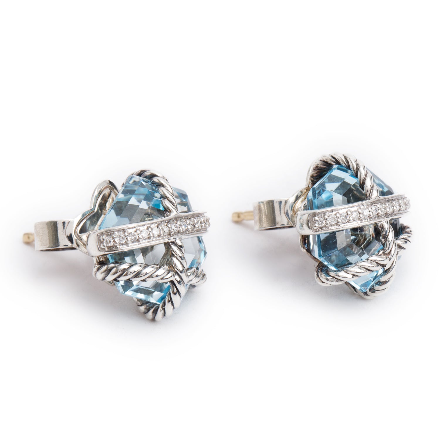 David Yurman Sterling Silver Blue Topaz & Diamond Cable Wrap 11 MM Stud Earrings