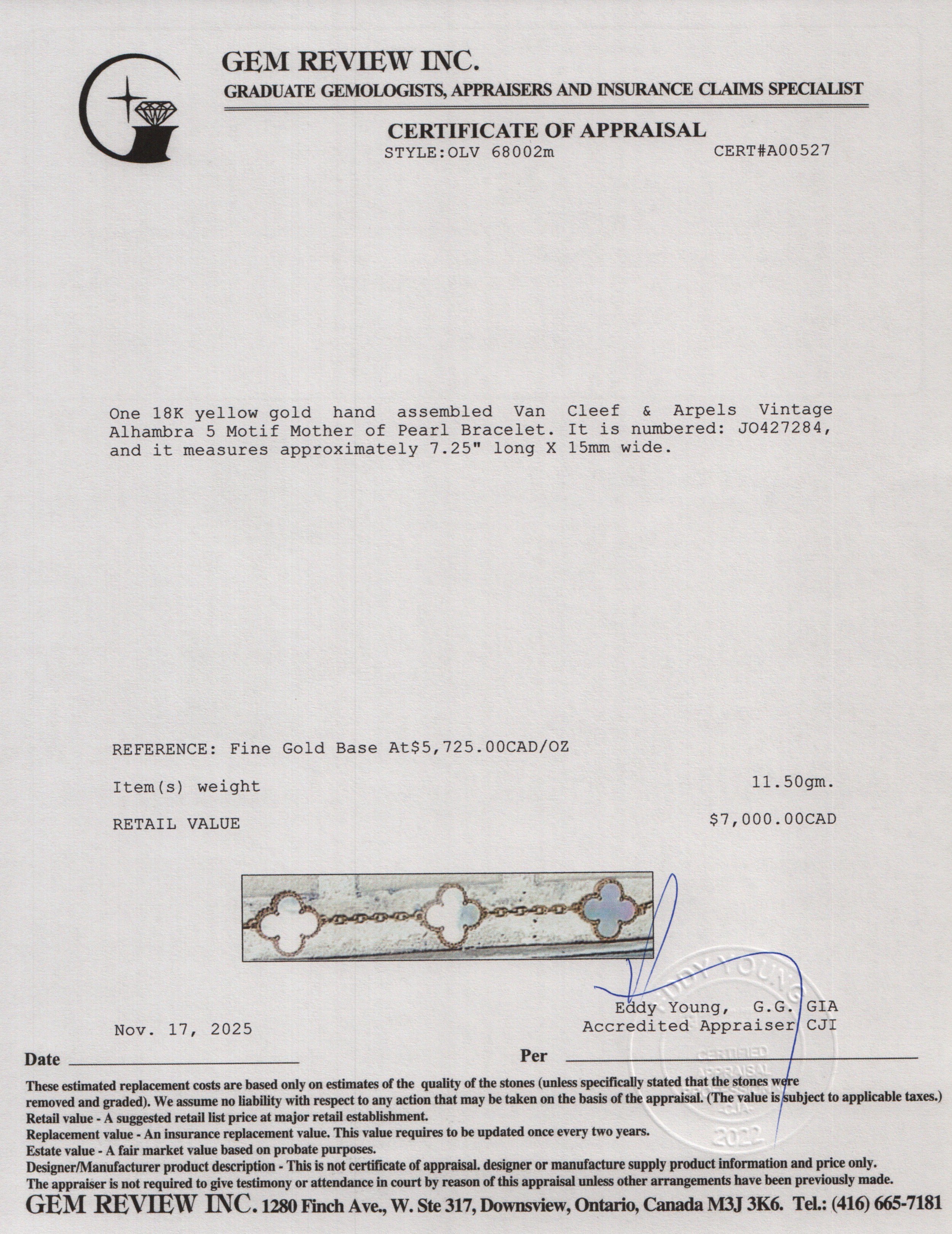 Van Cleef & Arpels 2025 18k Yellow Gold Vintage Alhambra 5 Motif Mother of Pearl Bracelet w/ Box, Receipt & Certificate