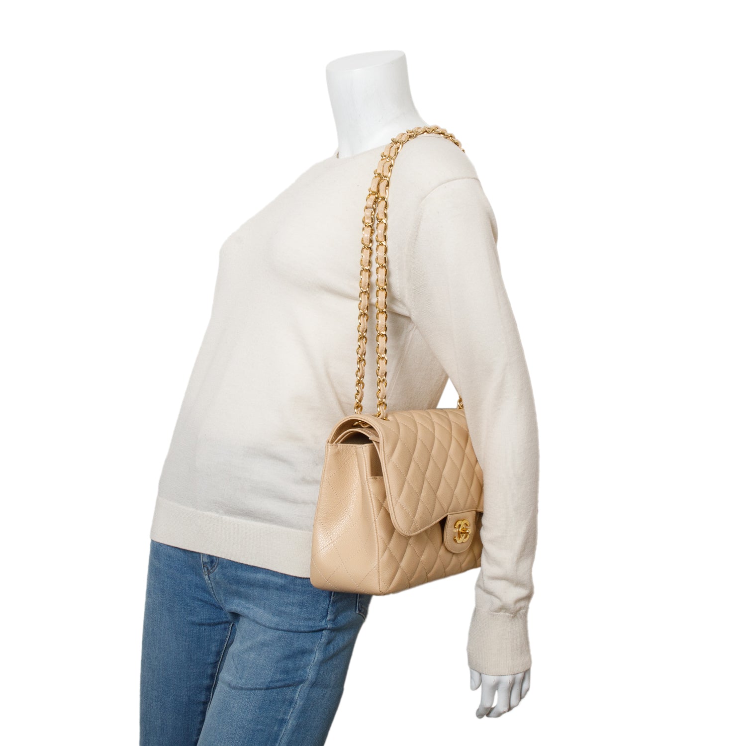 Chanel Beige Quilted Caviar Leather Classic Jumbo Double Flap Bag w/ Authenticity Card