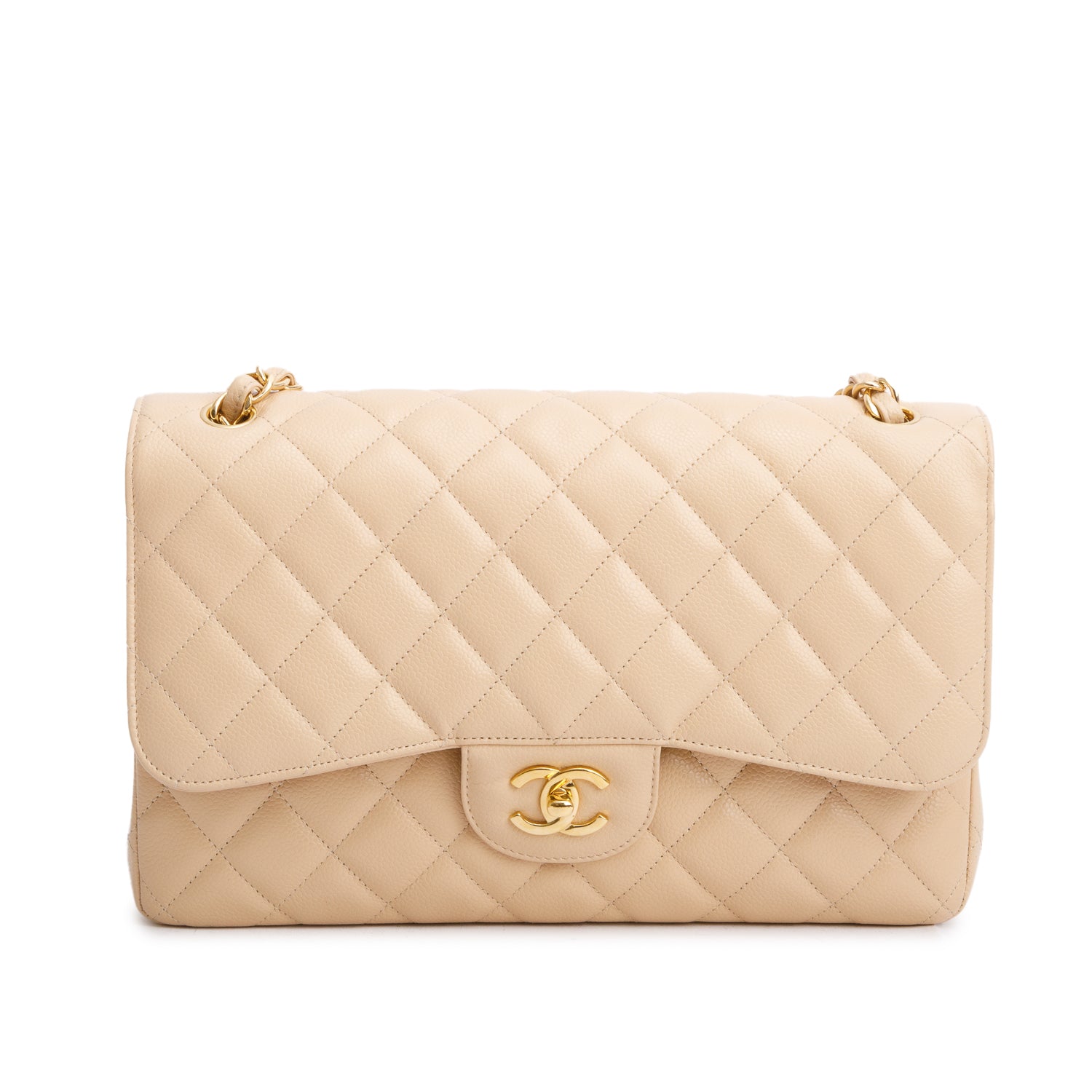 Chanel Beige Quilted Caviar Leather Classic Jumbo Double Flap Bag w/ Authenticity Card