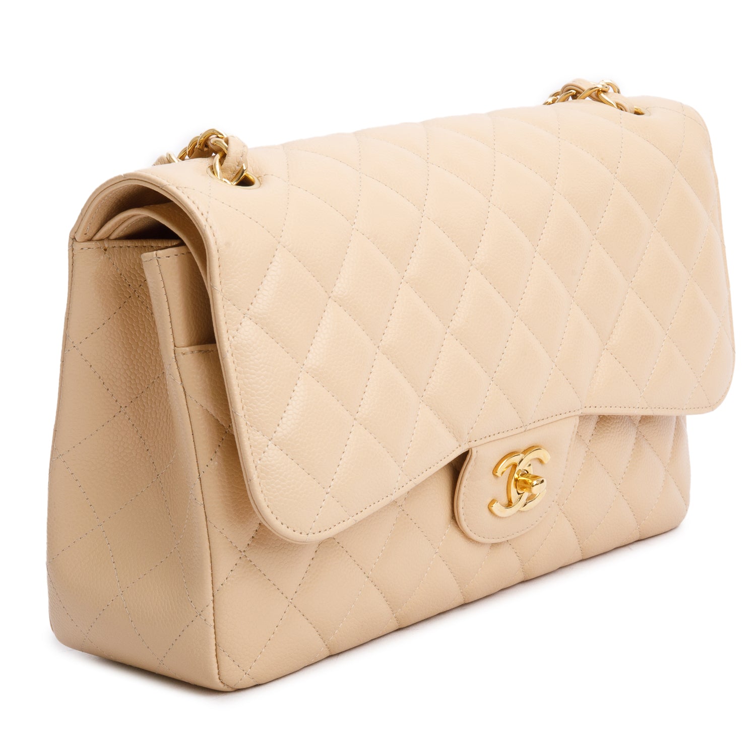 Chanel Beige Quilted Caviar Leather Classic Jumbo Double Flap Bag w/ Authenticity Card