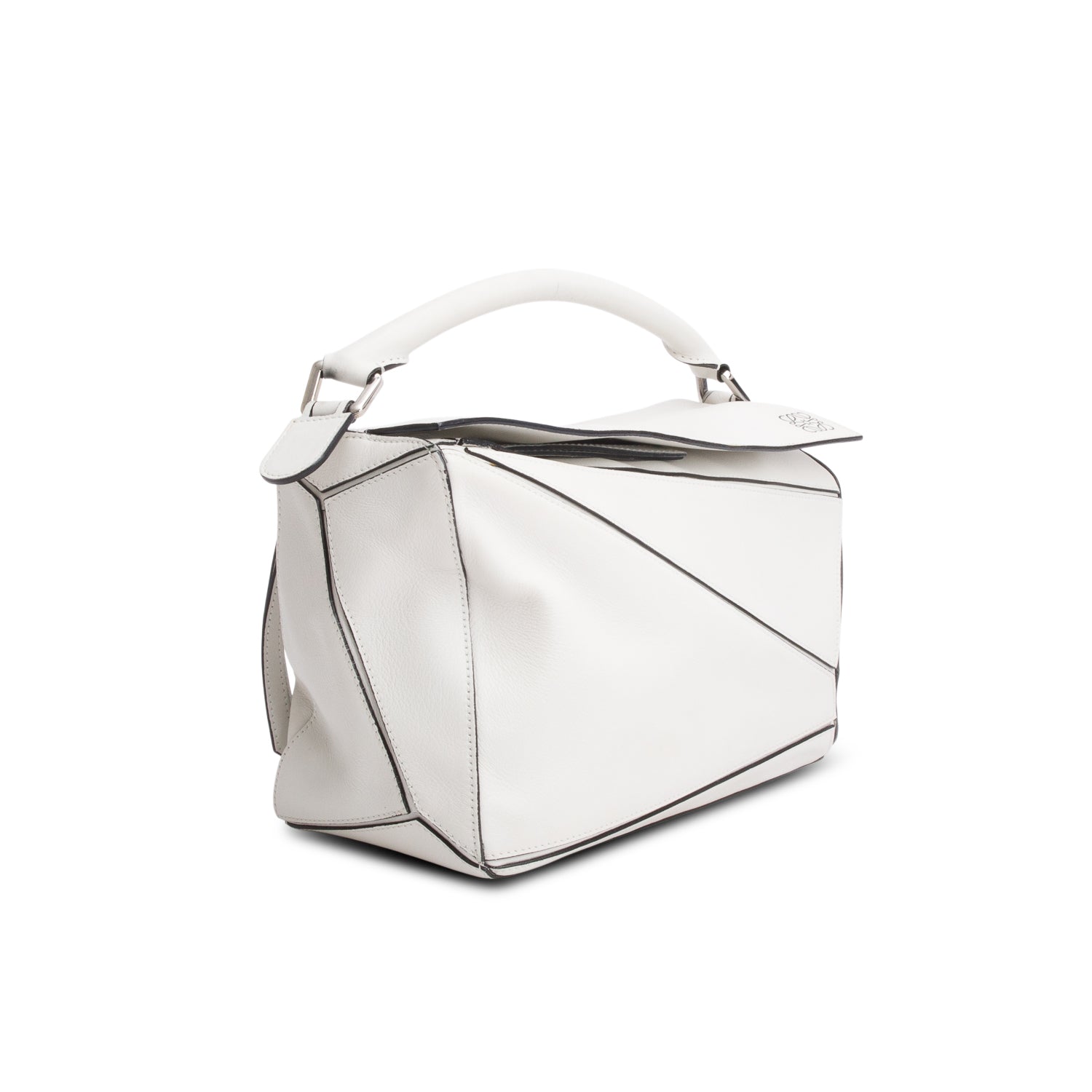 Loewe White Calfskin Leather Medium Puzzle Edge Bag w/ Strap