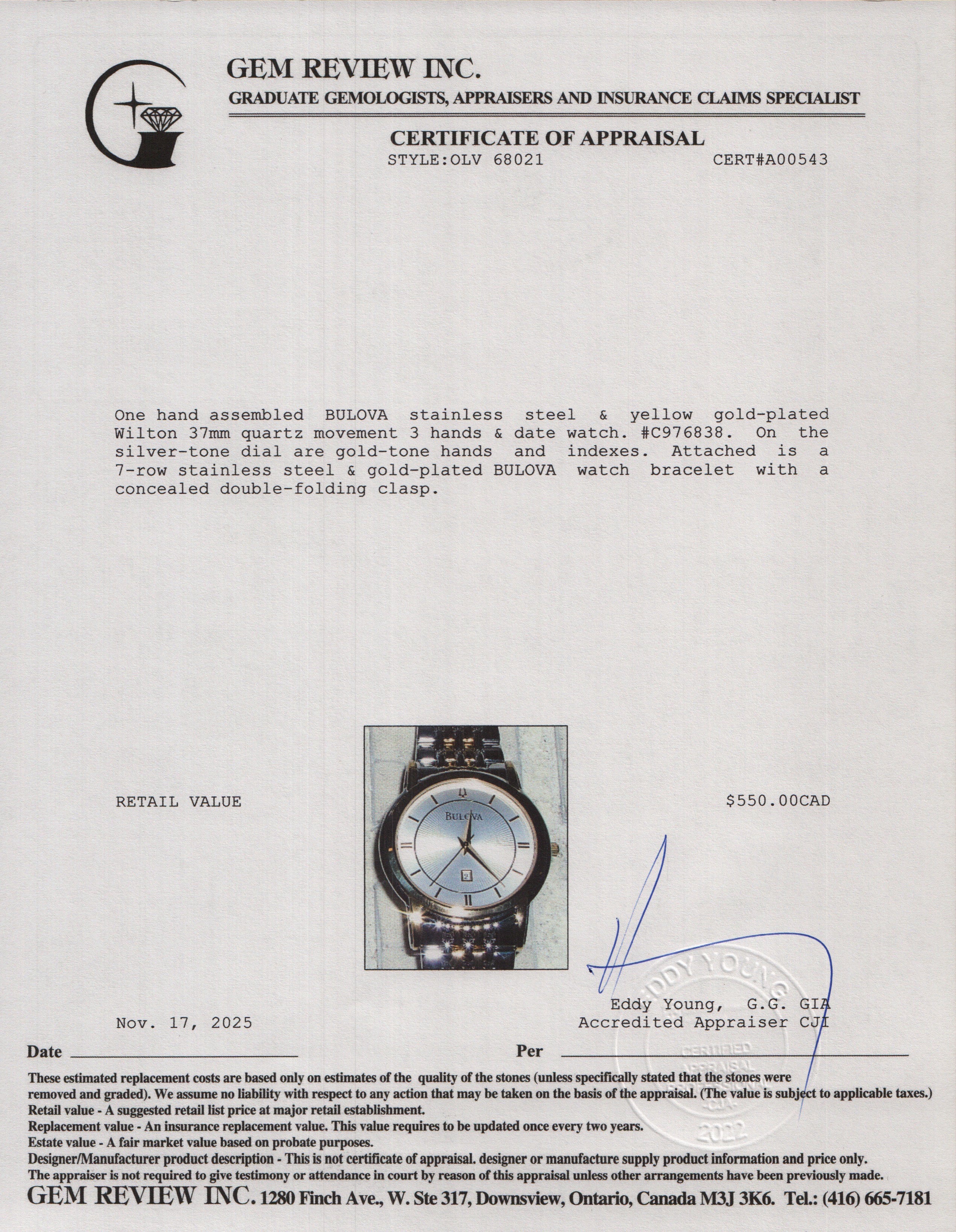 Bulova Stainless Steel & Yellow Gold Plated Wilton 37 MM Quartz Watch w/ Box