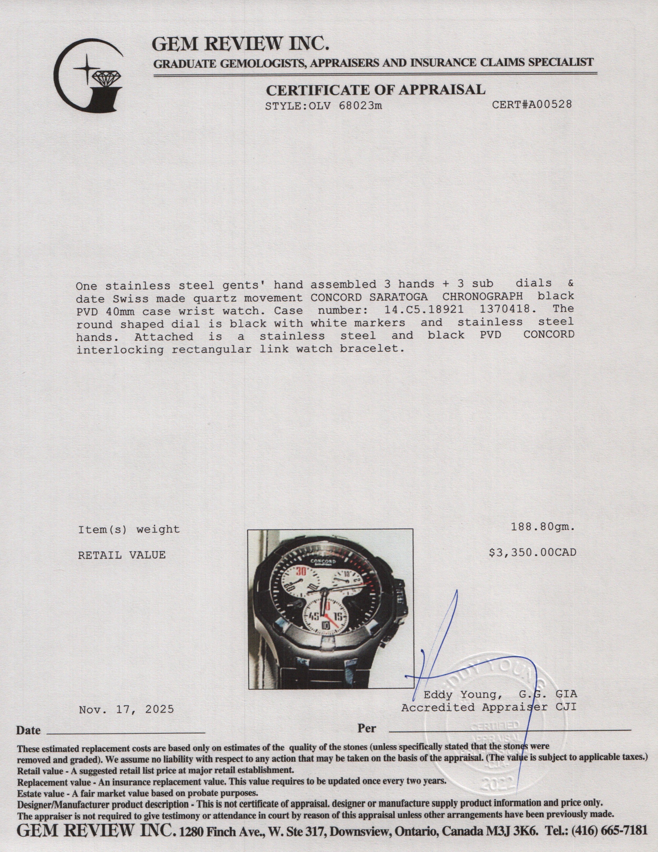 Concord Black PVD & Stainless Steel Saratoga 40 MM Chronograph Quartz Watch Silver Black & Silver Dial