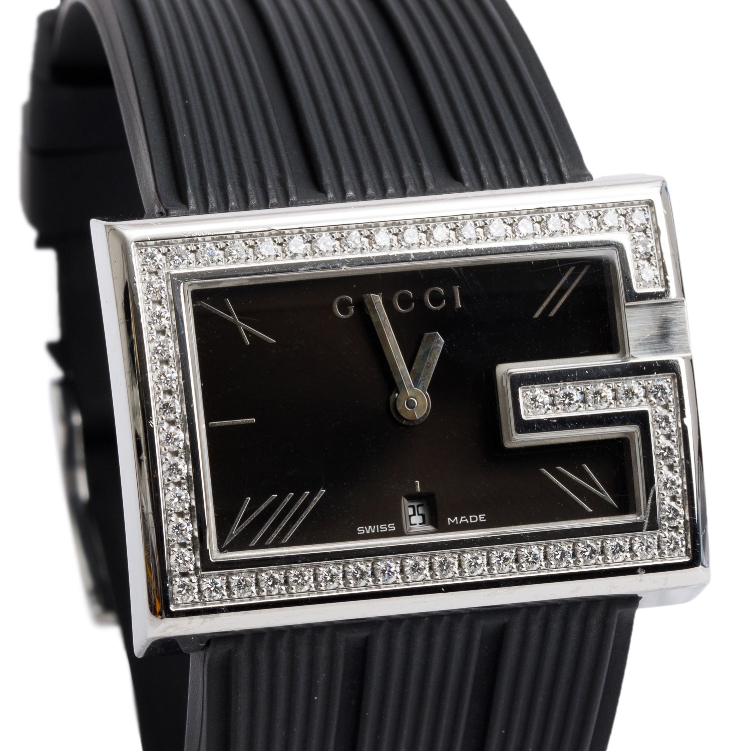 Gucci Staineless Steel Diamond Bezel 100M G-Rectangle Watch Black Dial