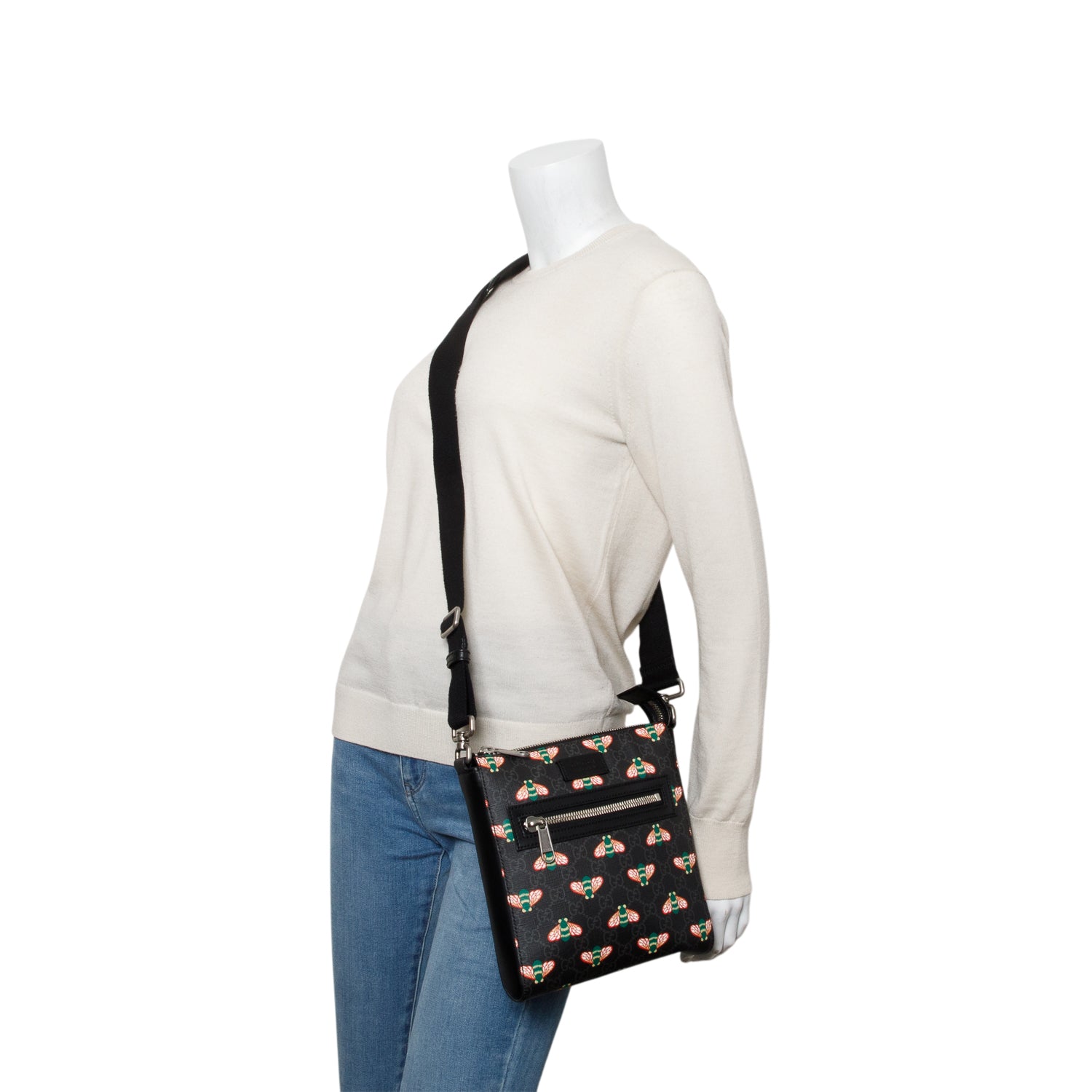 Gucci Black GG Supreme Monogram Bestiary Flat Messenger Bag