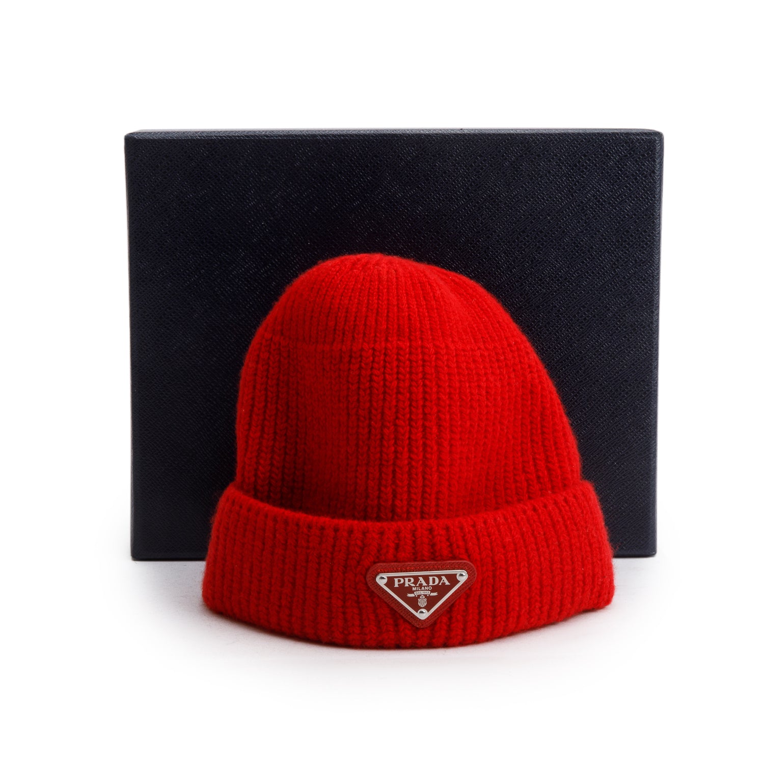 Prada Red Wool/Cashmere Metal Triangle Logo Beanie, Size M w/ Box