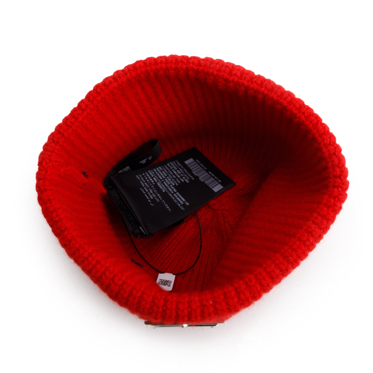 Prada Red Wool/Cashmere Metal Triangle Logo Beanie, Size M w/ Box