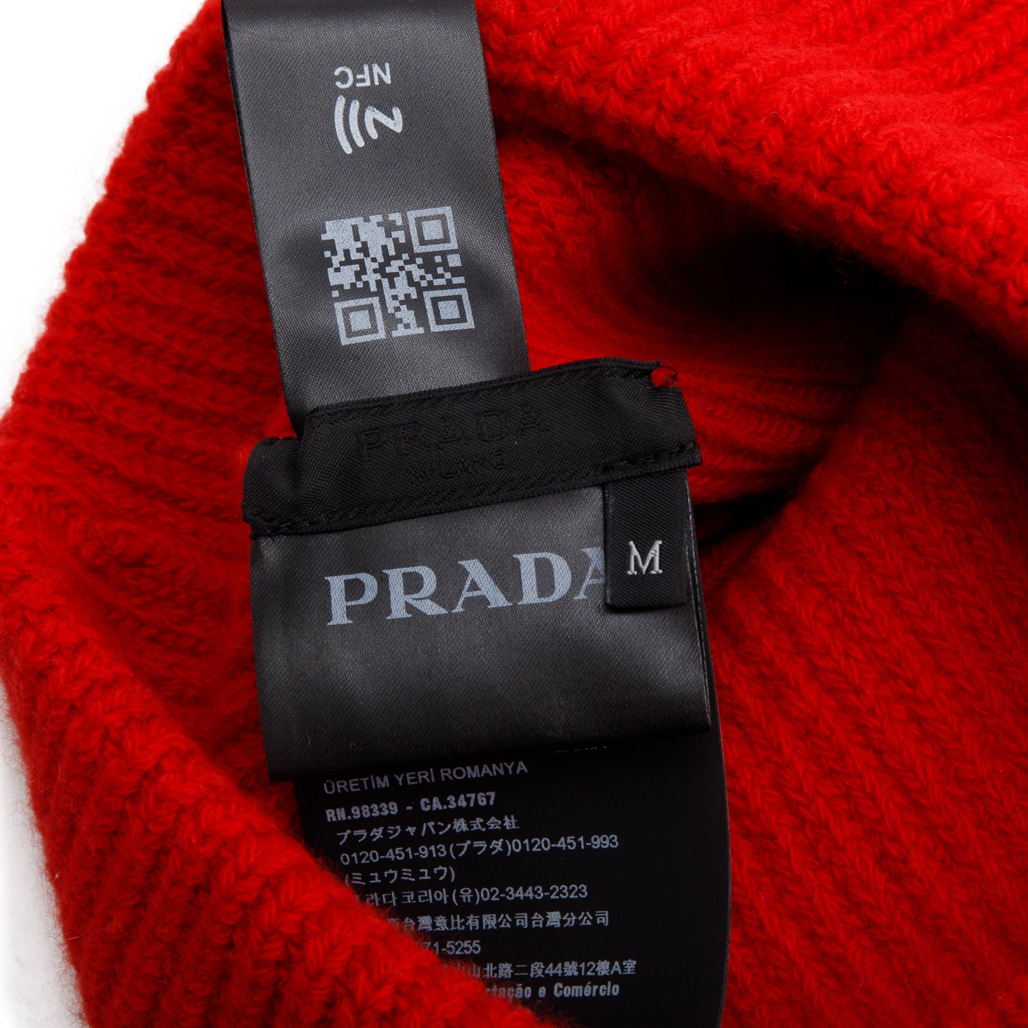 Prada Red Wool/Cashmere Metal Triangle Logo Beanie, Size M w/ Box