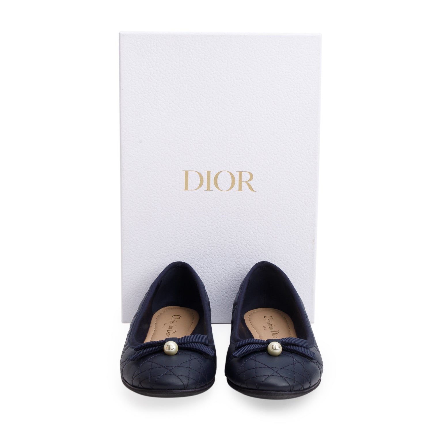 Christian Dior Navy Calfskin Leather Quilted Cannage Ballet Flat, Size 37.5 w/ Box