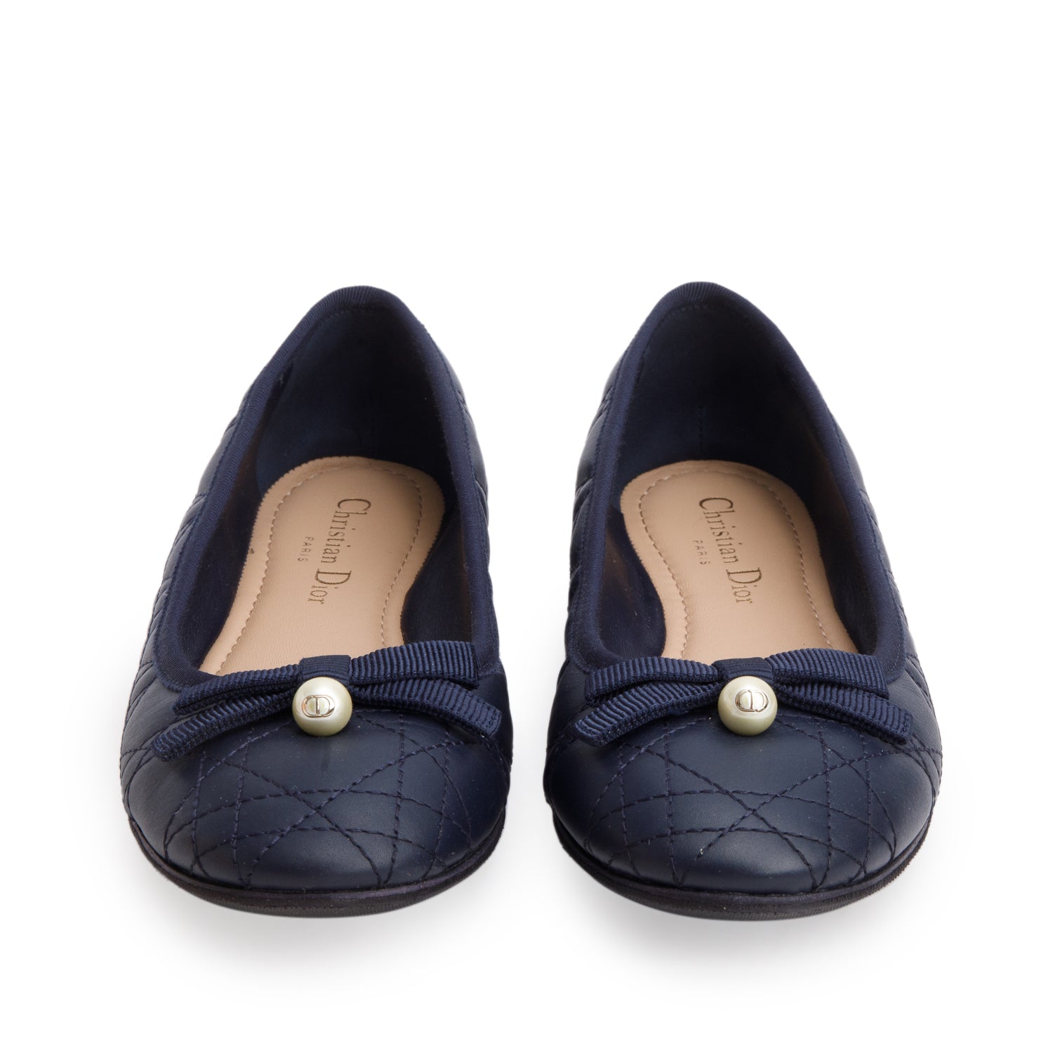 Christian Dior Navy Calfskin Leather Quilted Cannage Ballet Flat, Size 37.5 w/ Box