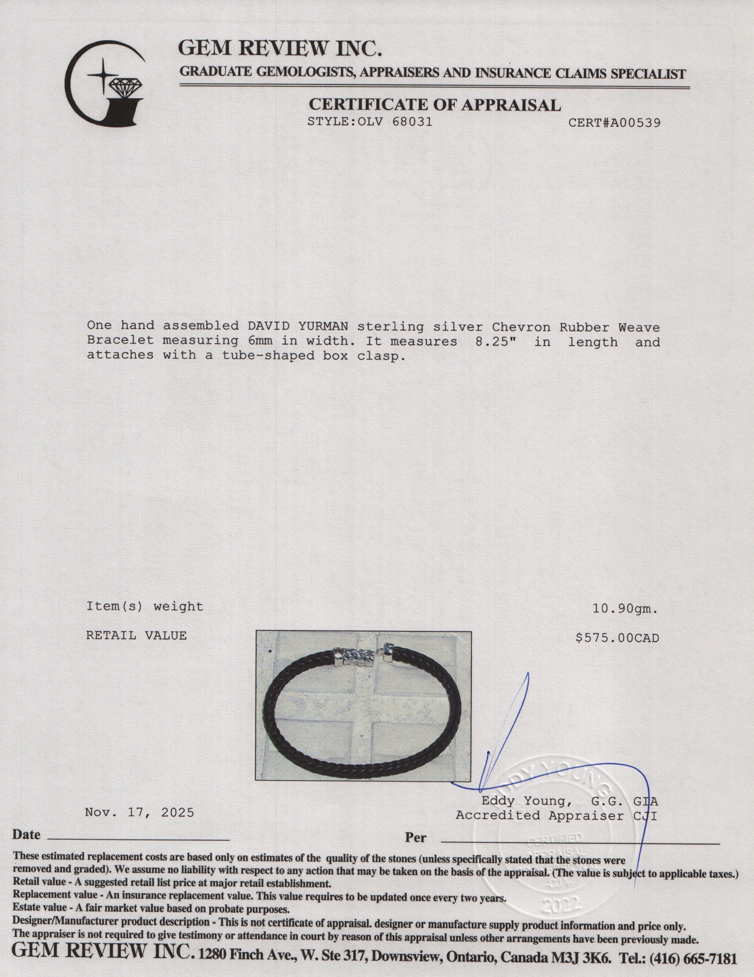 David Yurman Sterling Silver Chevron Rubber Weave Bracelet, 6 MM