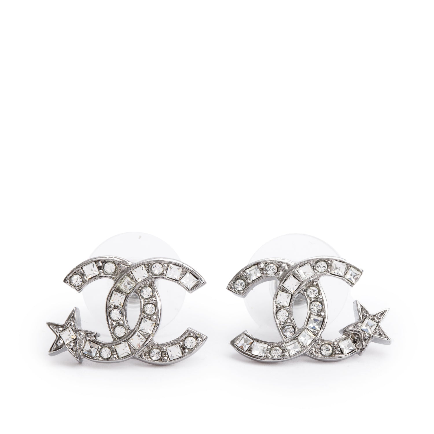 Chanel 2021 Palladium Plated Strass CC Star Stud Earrings