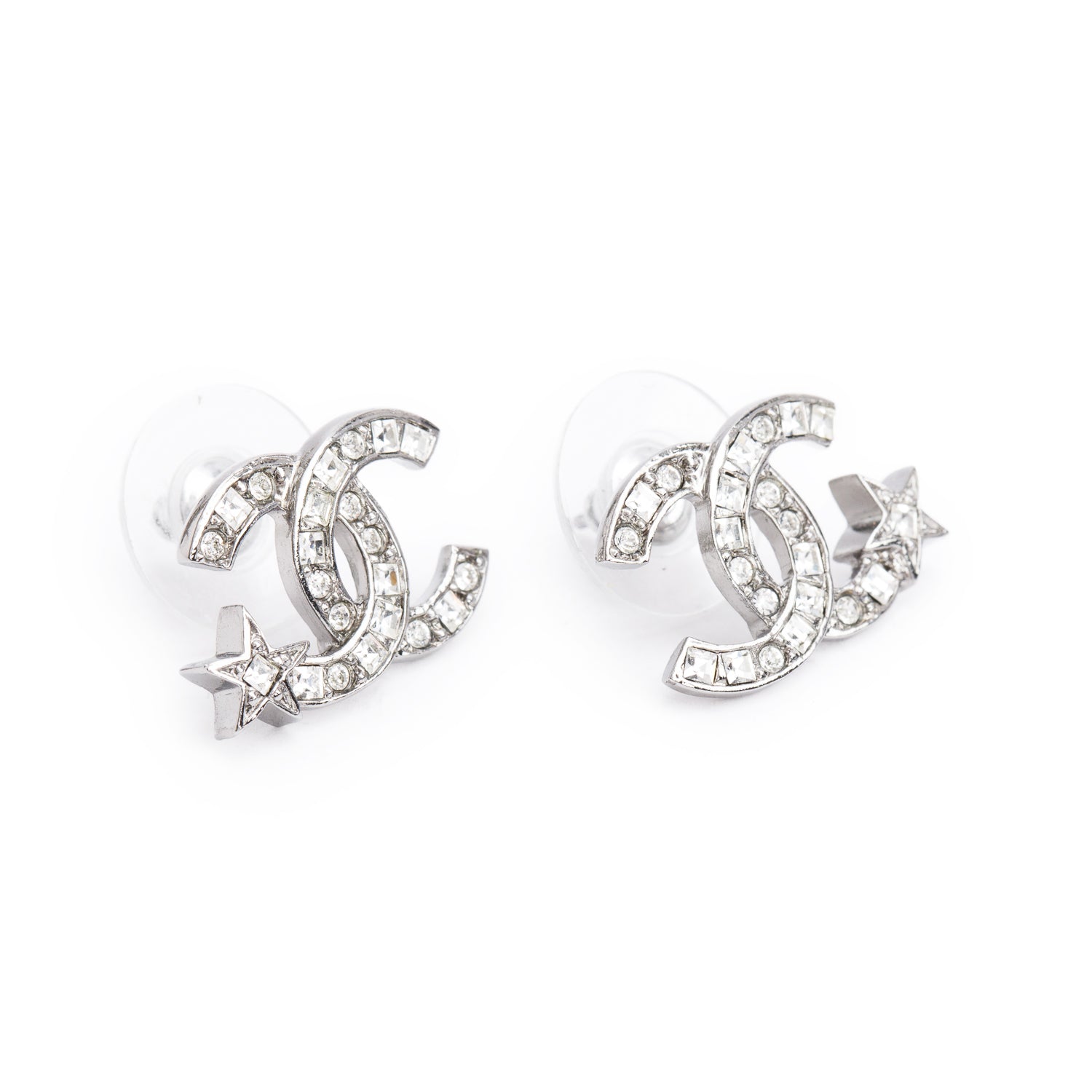 Chanel 2021 Palladium Plated Strass CC Star Stud Earrings