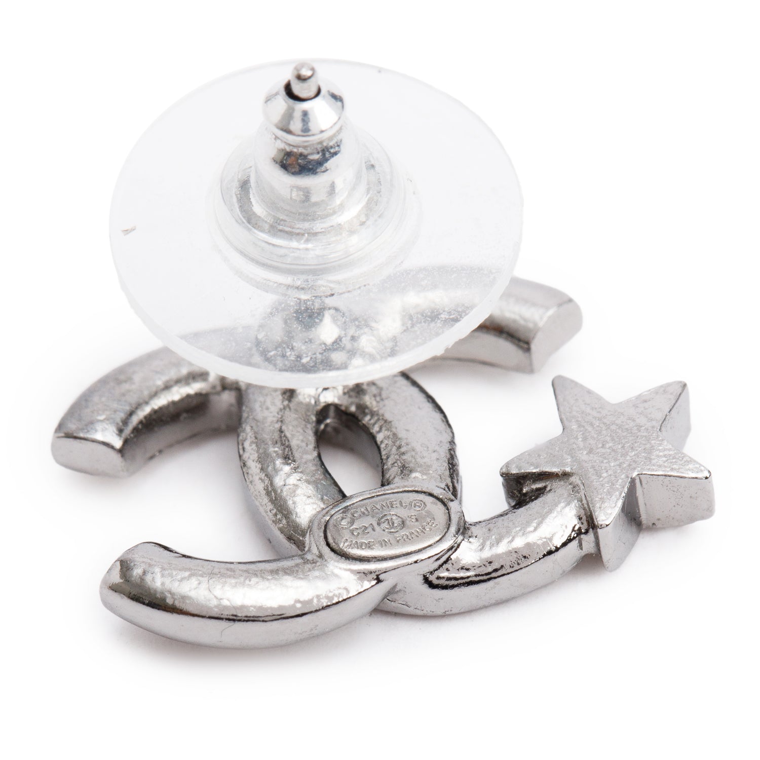 Chanel 2021 Palladium Plated Strass CC Star Stud Earrings