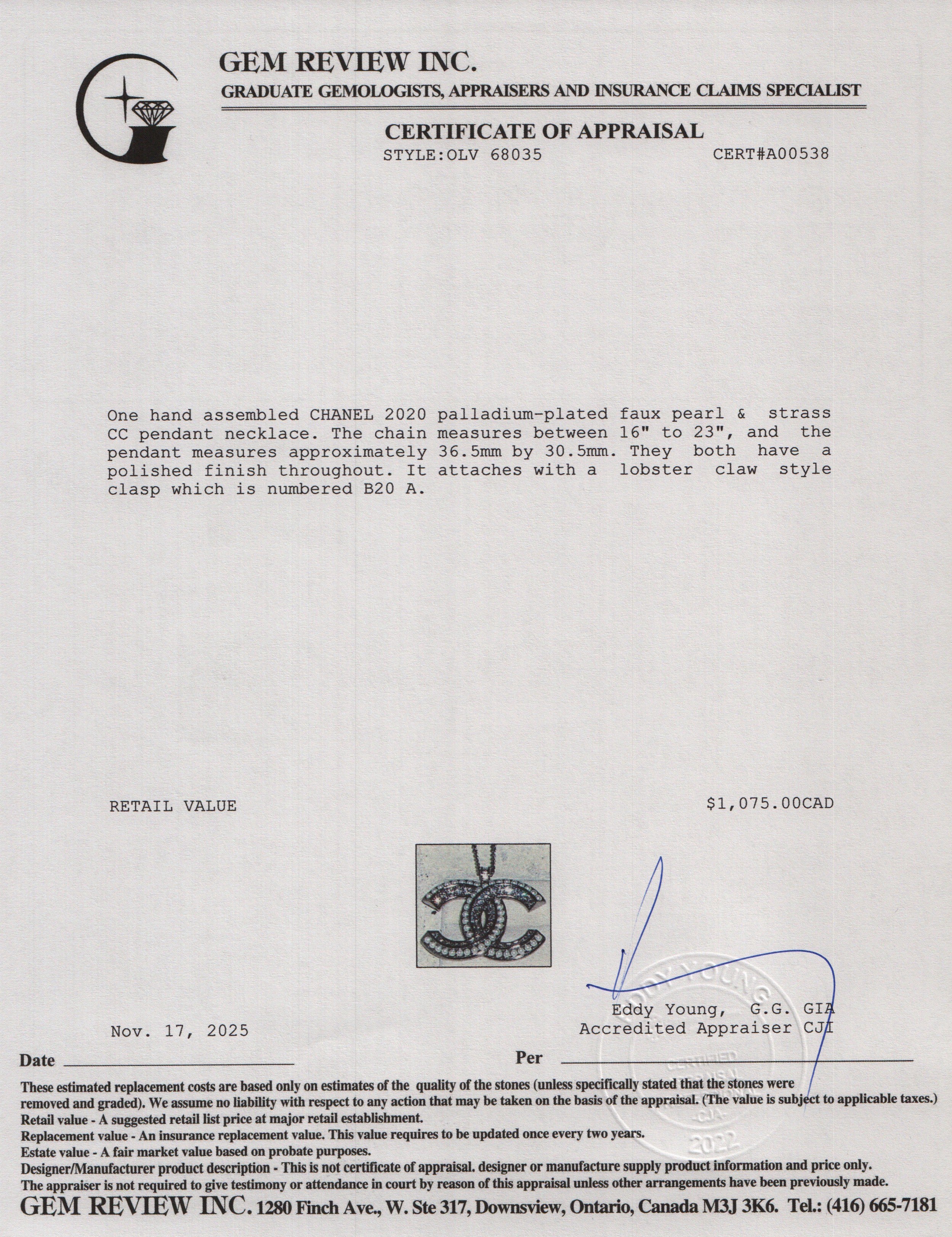 Chanel 2020 Palladium-Plated Faux Pearl & Strass CC Pendant Necklace w/ Box