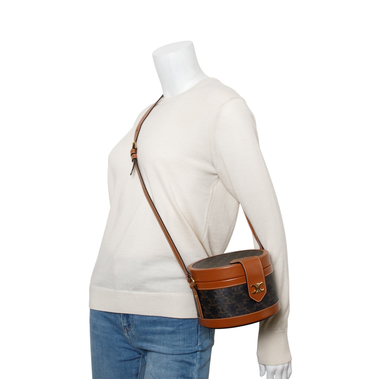 Celine 2020 Brown Calfskin Triomphe Canvas Medium Tambour Bag