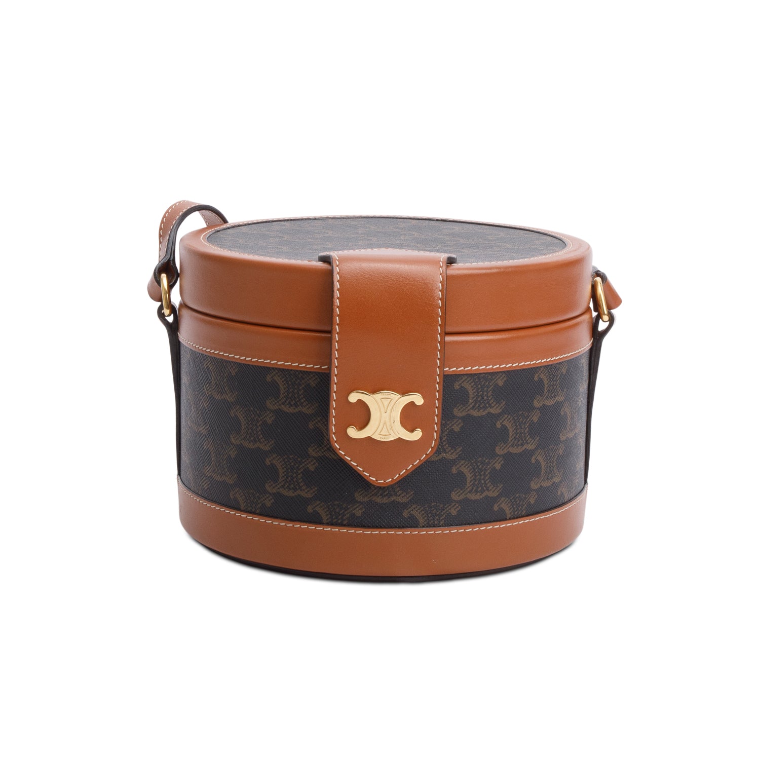 Celine 2020 Brown Calfskin Triomphe Canvas Medium Tambour Bag