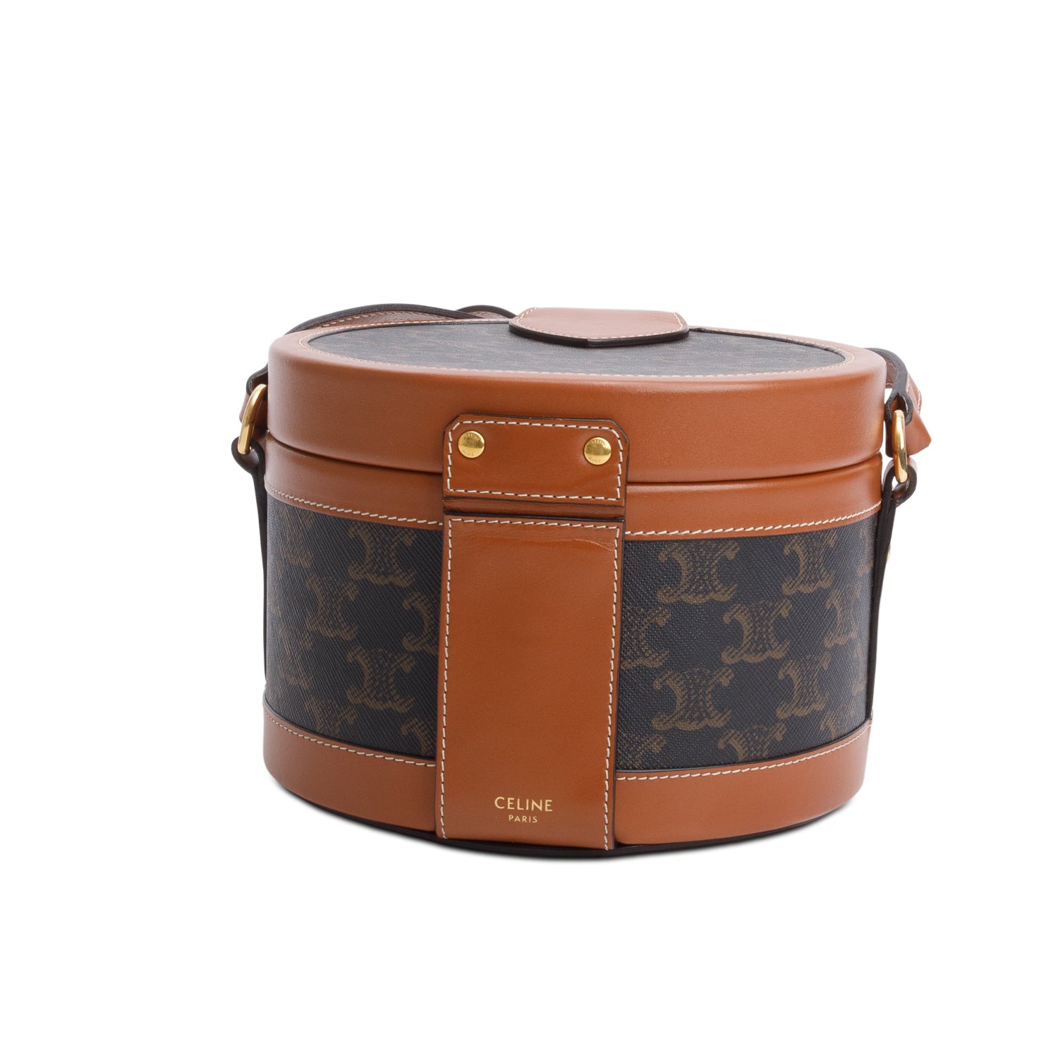 Celine 2020 Brown Calfskin Triomphe Canvas Medium Tambour Bag