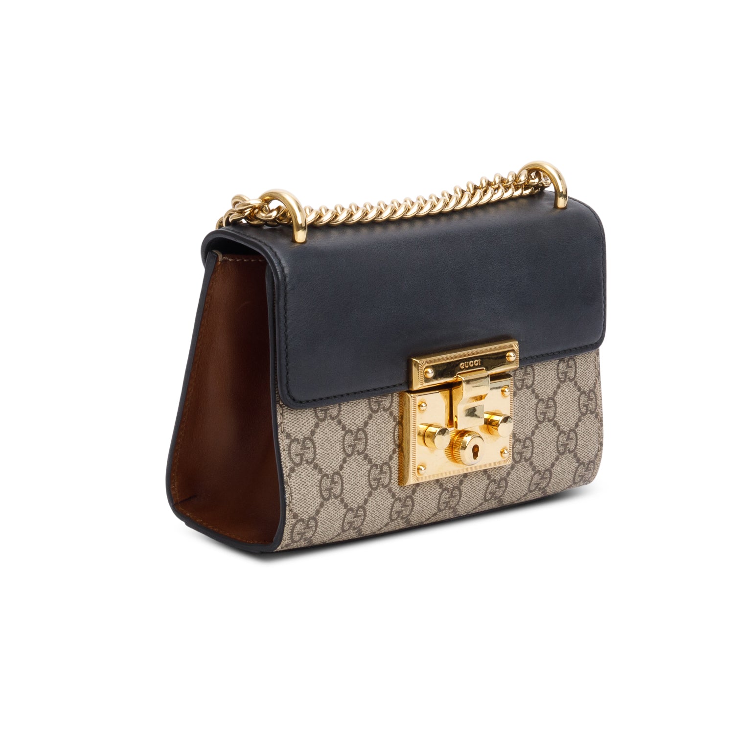 Gucci Black GG Supreme Monogram Calfskin Mini Padlock Chain Shoulder Bag