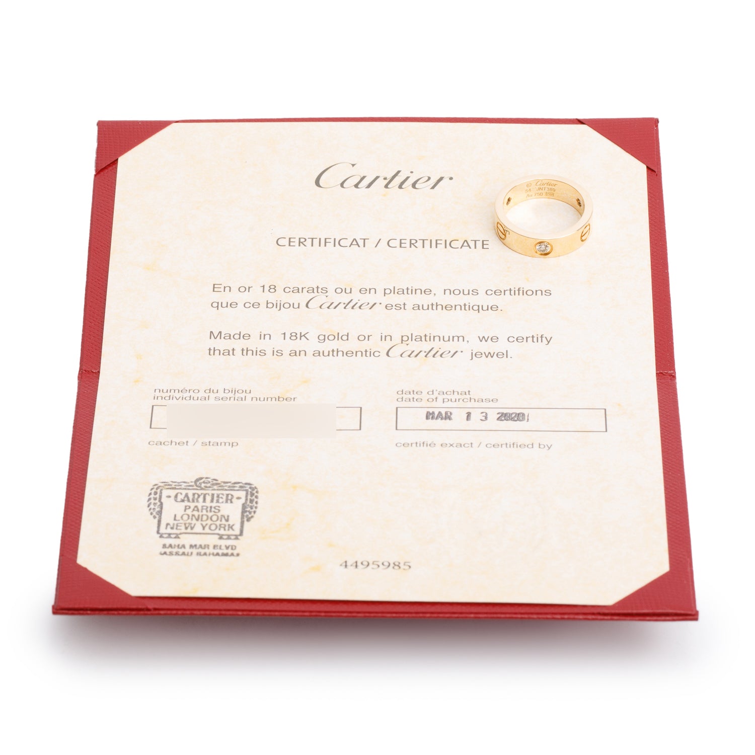 Cartier 18k Yellow Gold 3 Diamond 5.5 MM Love Ring, Size 54 7 w/ Certificate