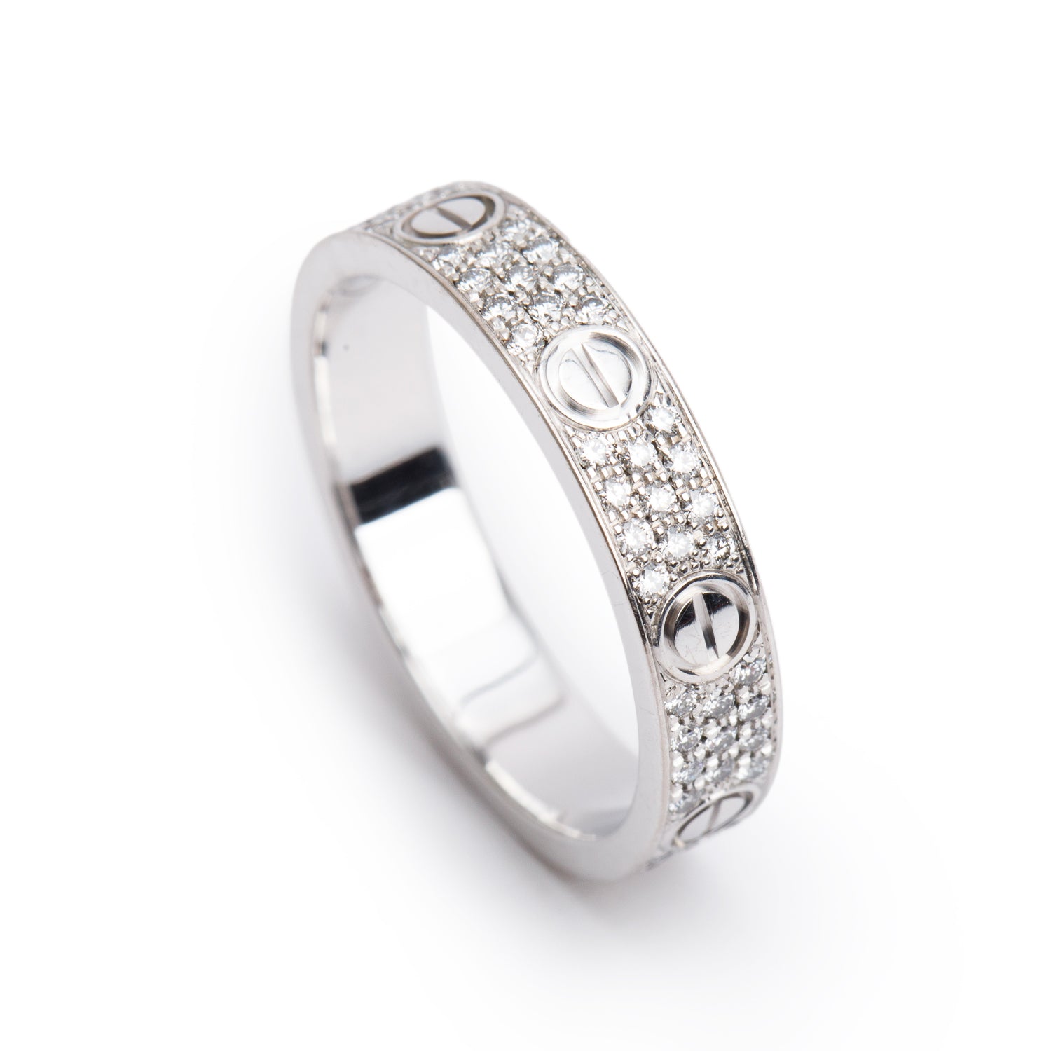 Cartier 18k White Gold Paved Diamond 4 MM Love Ring, Small Model Size 51 5.75 w/ Box & Certificate