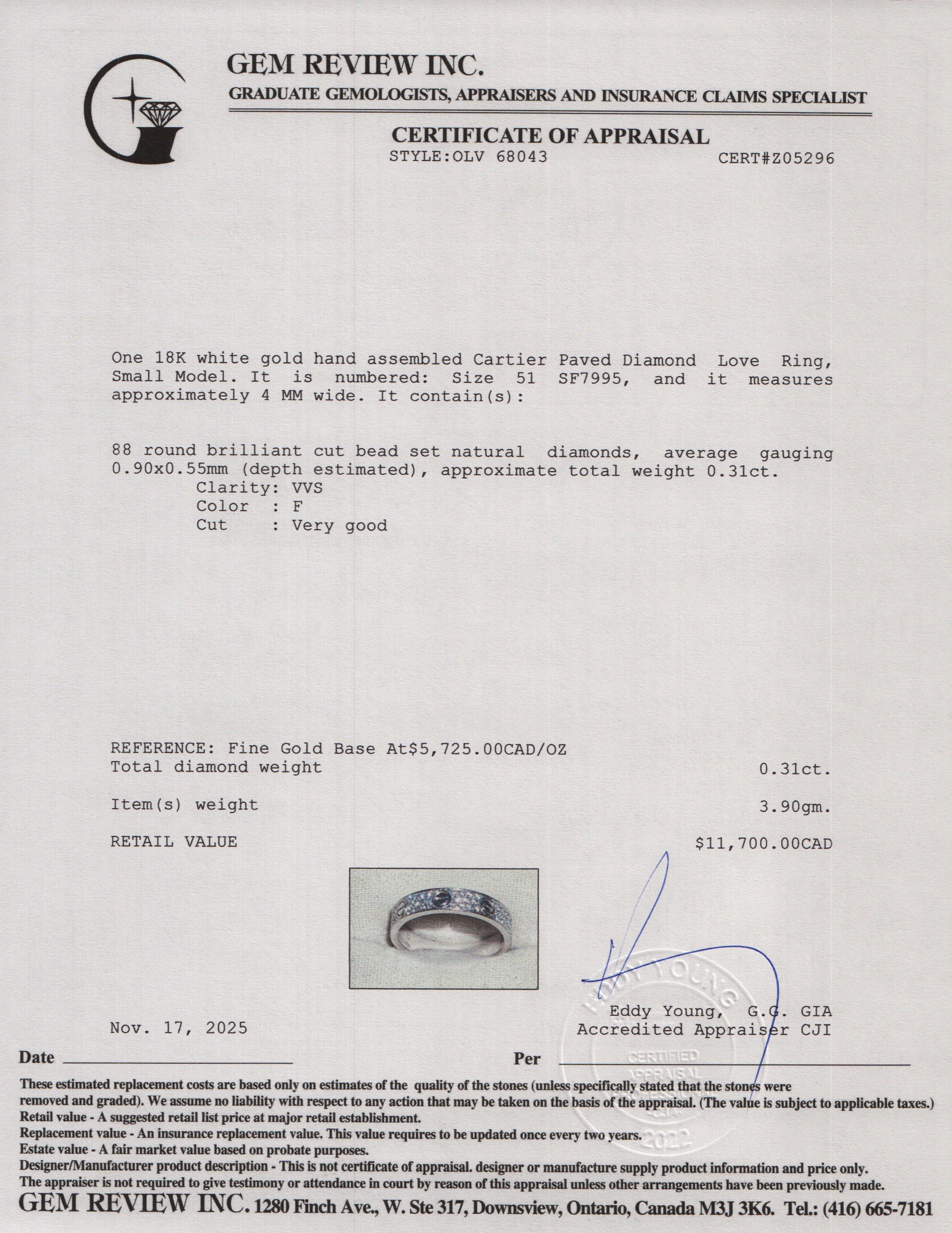 Cartier 18k White Gold Paved Diamond 4 MM Love Ring, Small Model Size 51 5.75 w/ Box & Certificate