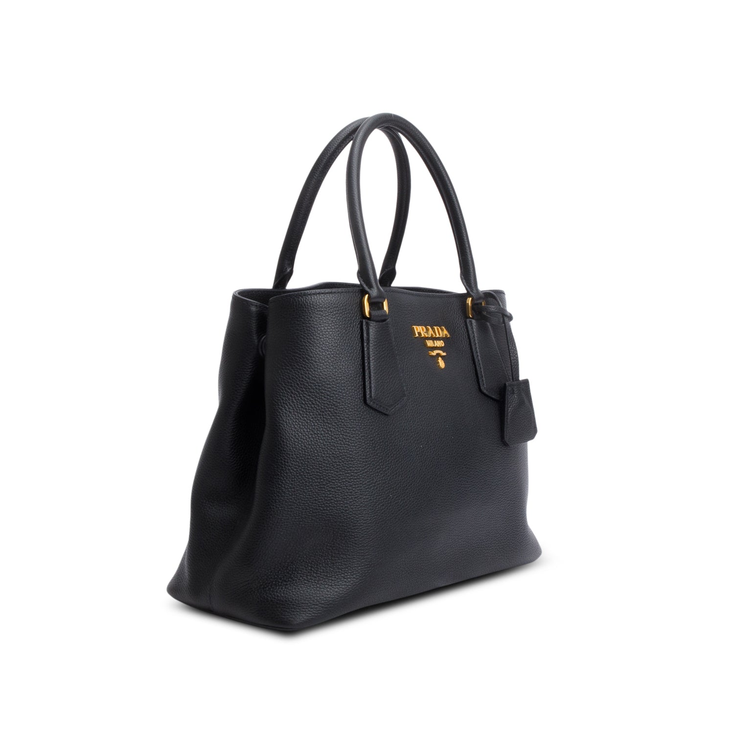 Prada Black Vitello Phenix Cuir Medium Double Bag w/ Strap