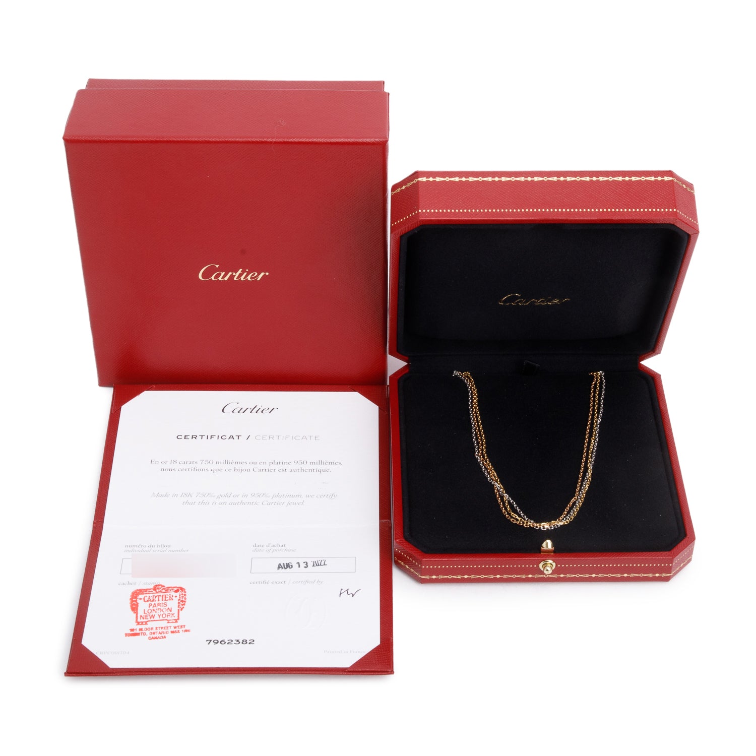 Cartier 2022 18k Yellow, White & Rose Gold Trinity Chain Necklace, Small Model w/ Box, Receipt & Certificate