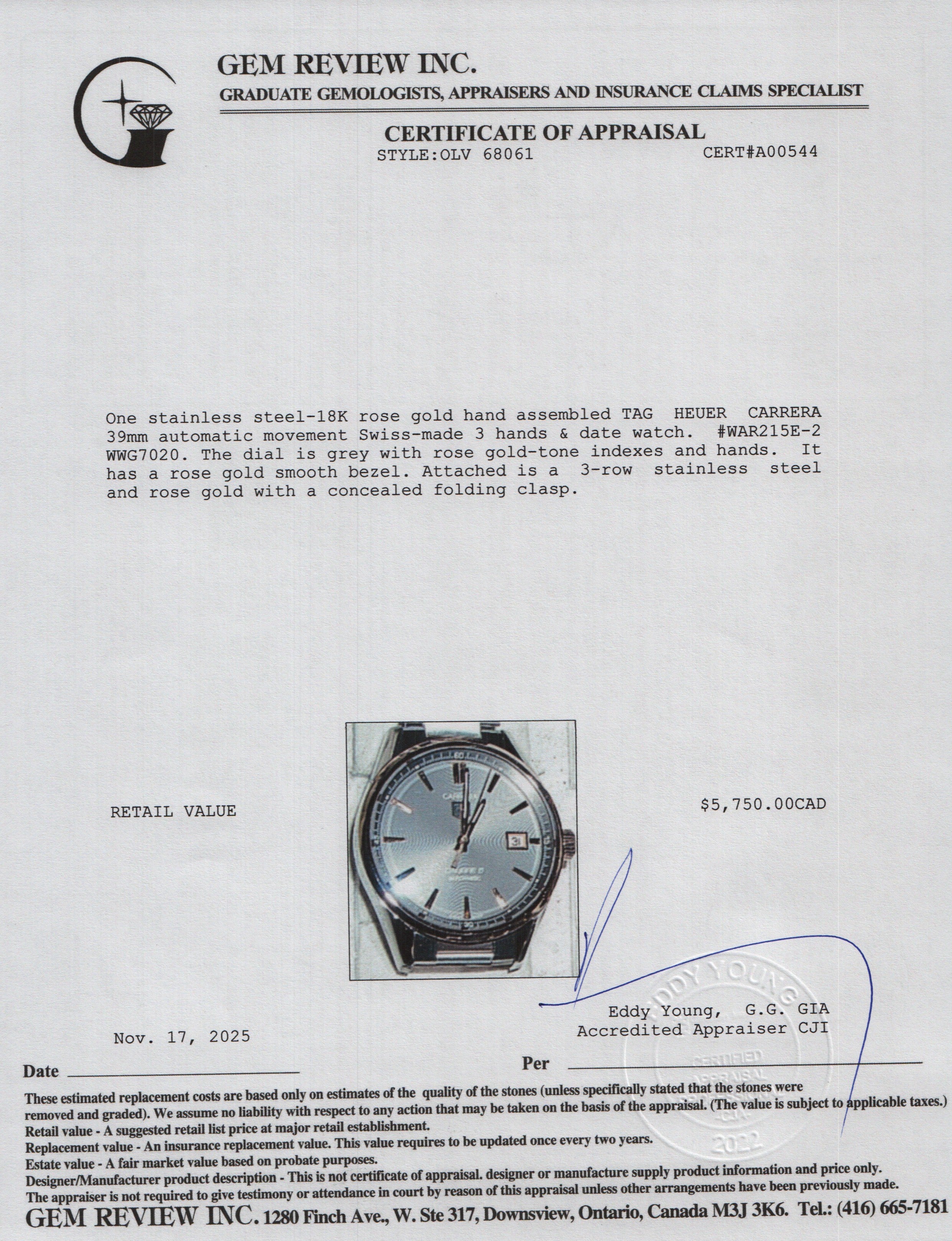 Tag Heuer Stainless Steel & 18k Rose Gold Carrera 39 MM Automatic Watch Grey Dial WAR215E-2 w/ Box