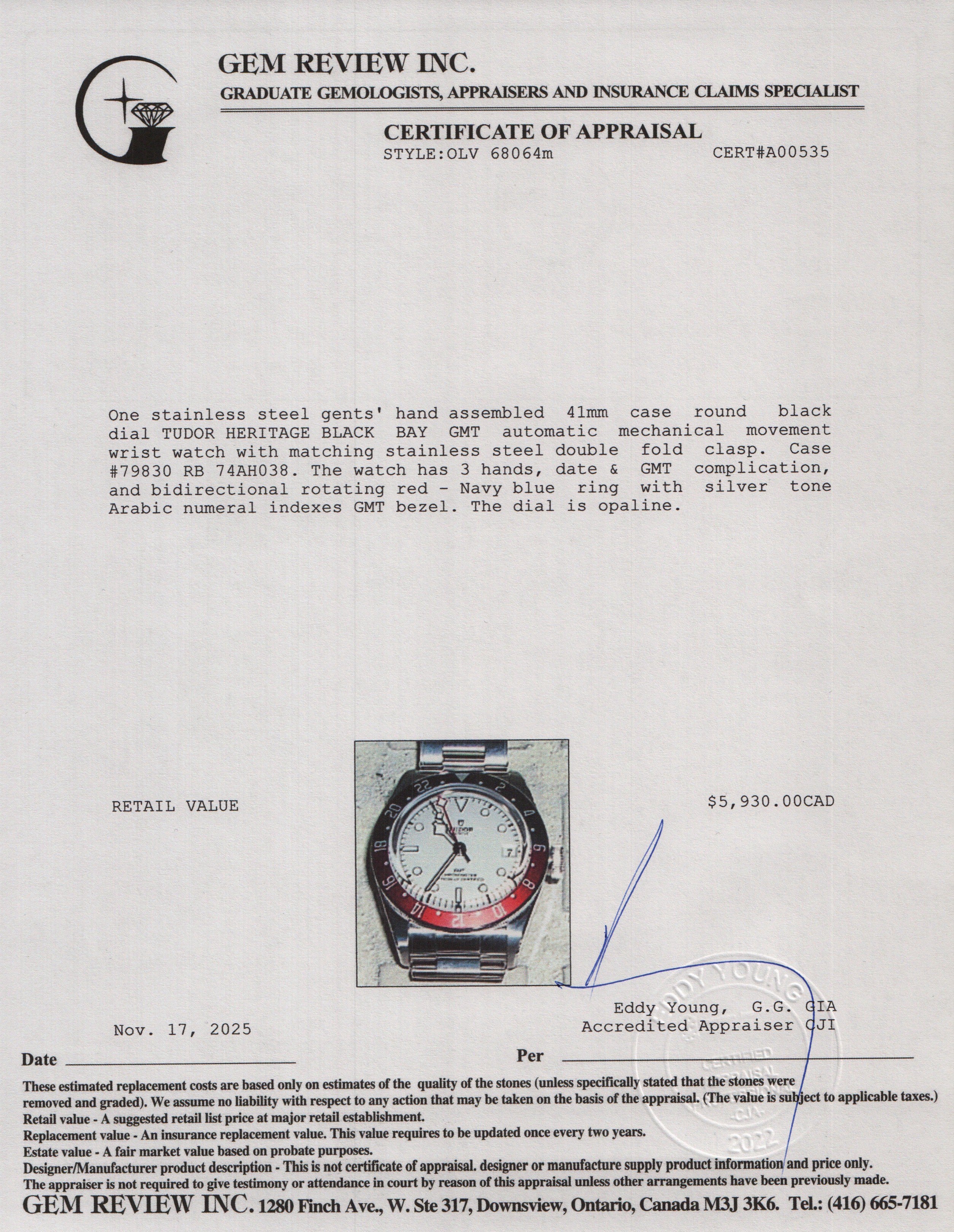 Tudor Stainless Steel Black Bay 'Pepsi' GMT 41 MM Automatic Watch Opaline Dial 79830RB