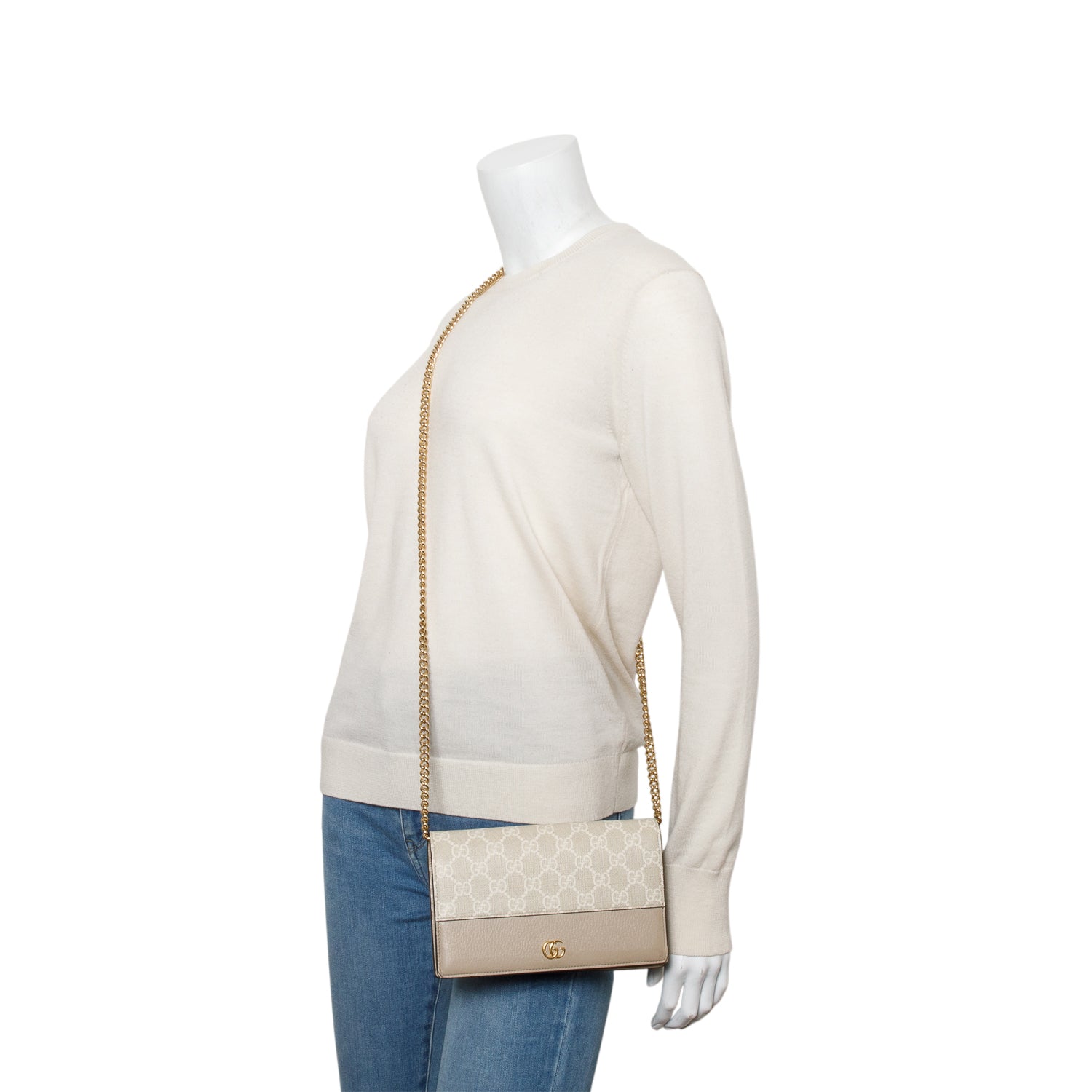 Gucci Beige GG Supreme Monogram Textured Dollar Calfskin Mini GG Marmont Chain Wallet w/ Box