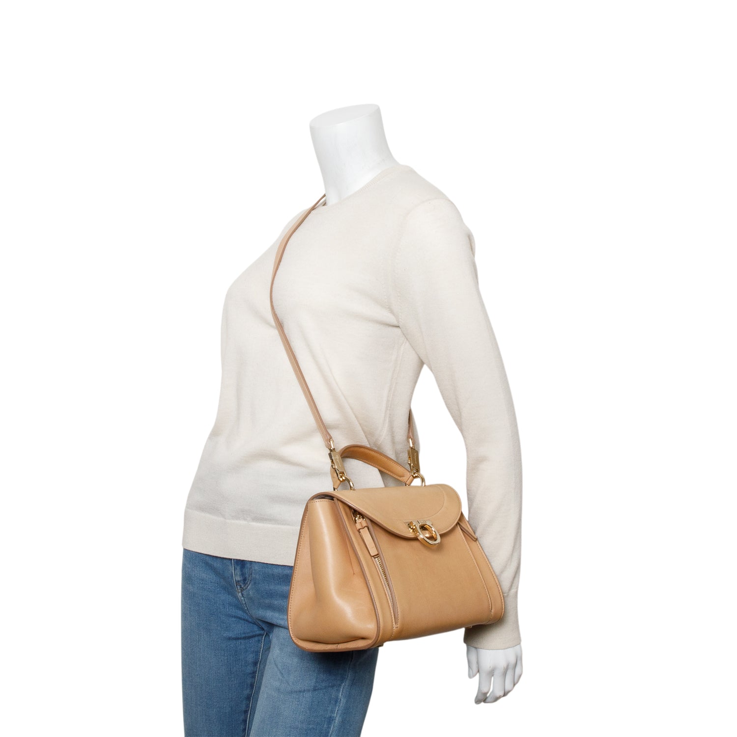 Salvatore Ferragamo Beige Calfskin Sofia Rainbow Top Handle Bag w/ Strap