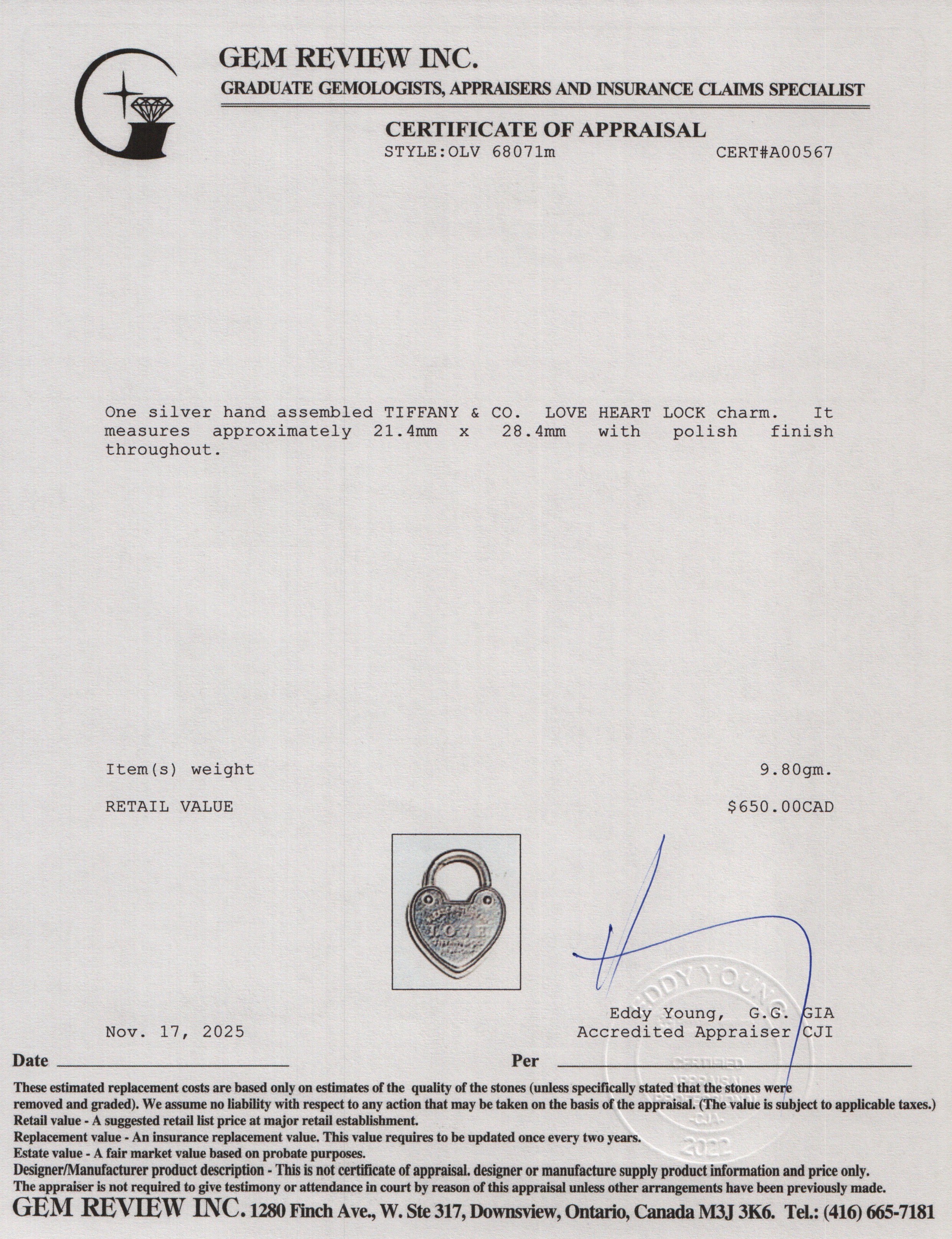 Tiffany & Co. Sterling Silver Medium Love Heart Lock Charm