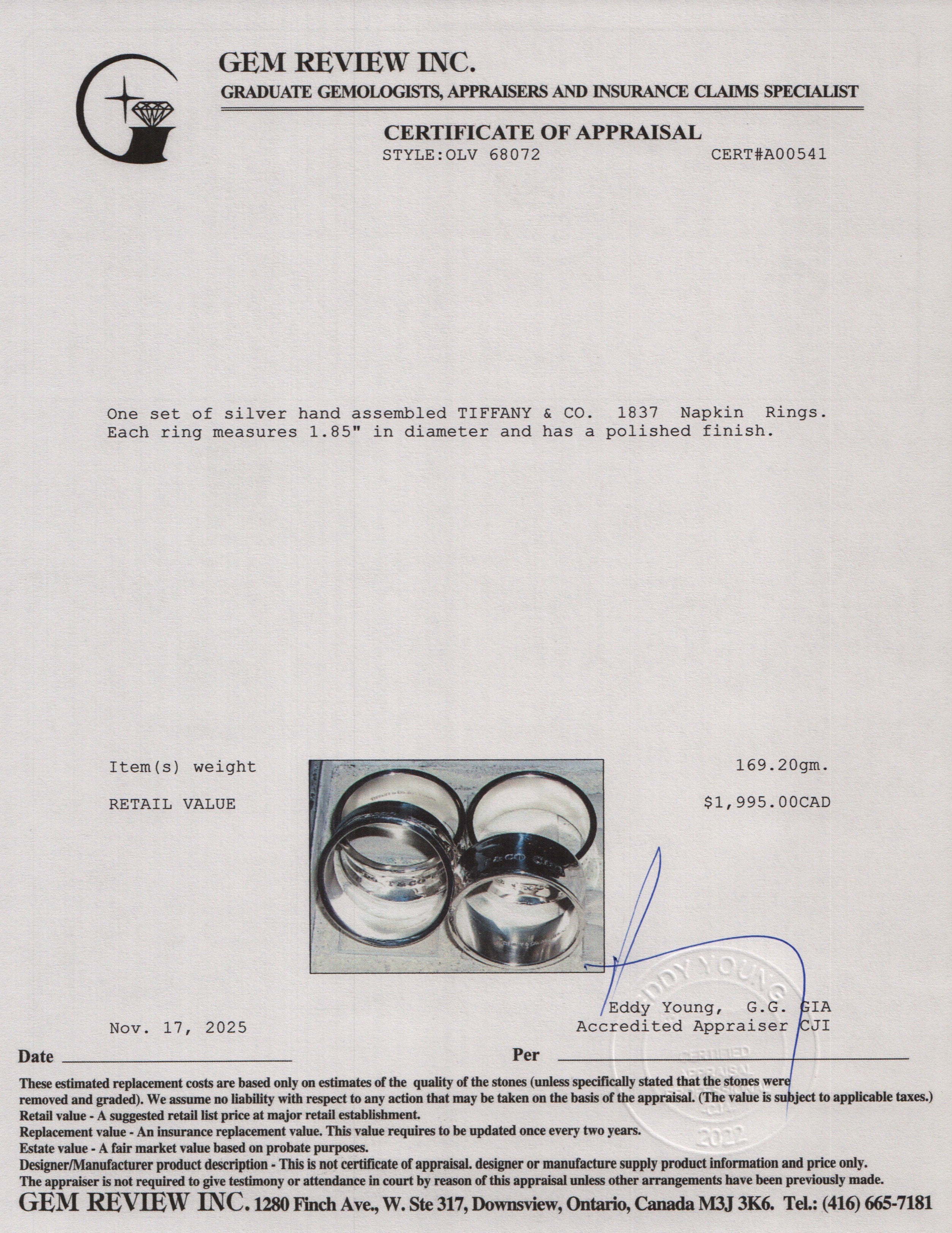 Tiffany & Co. Sterling Silver 1837 Napkin Rings Set