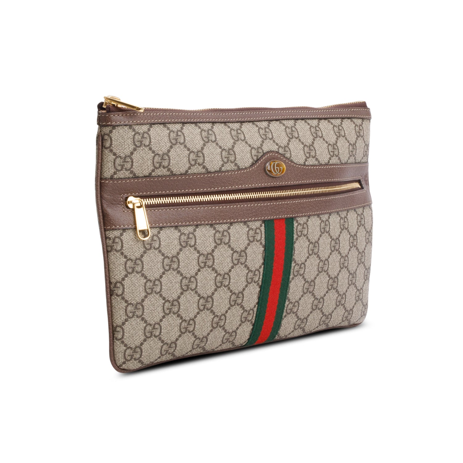 Gucci Brown GG Supreme Monogram Large Ophidia Pouch Clutch w/ Box