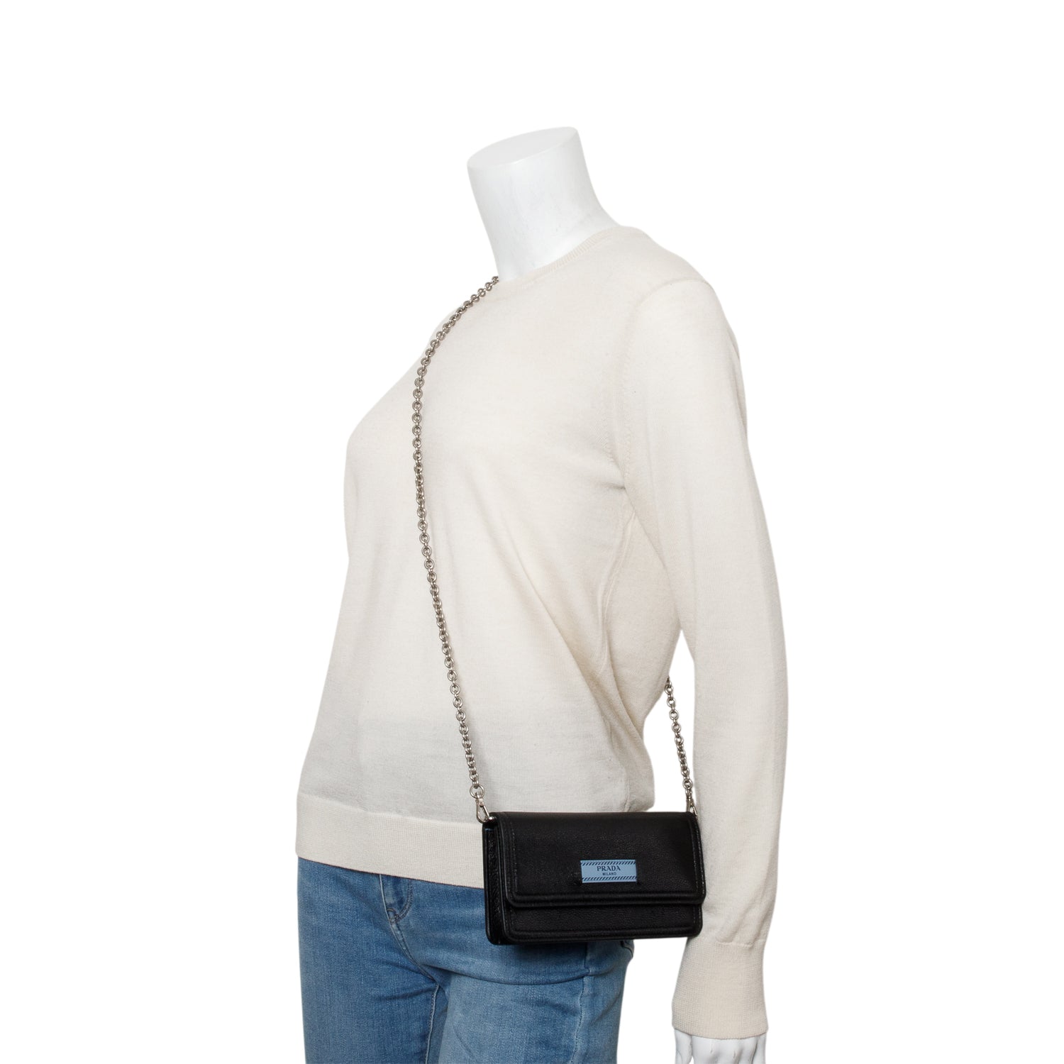 Prada Black Glace Calf Etiquette Wallet on Chain w/ Authenticity Card