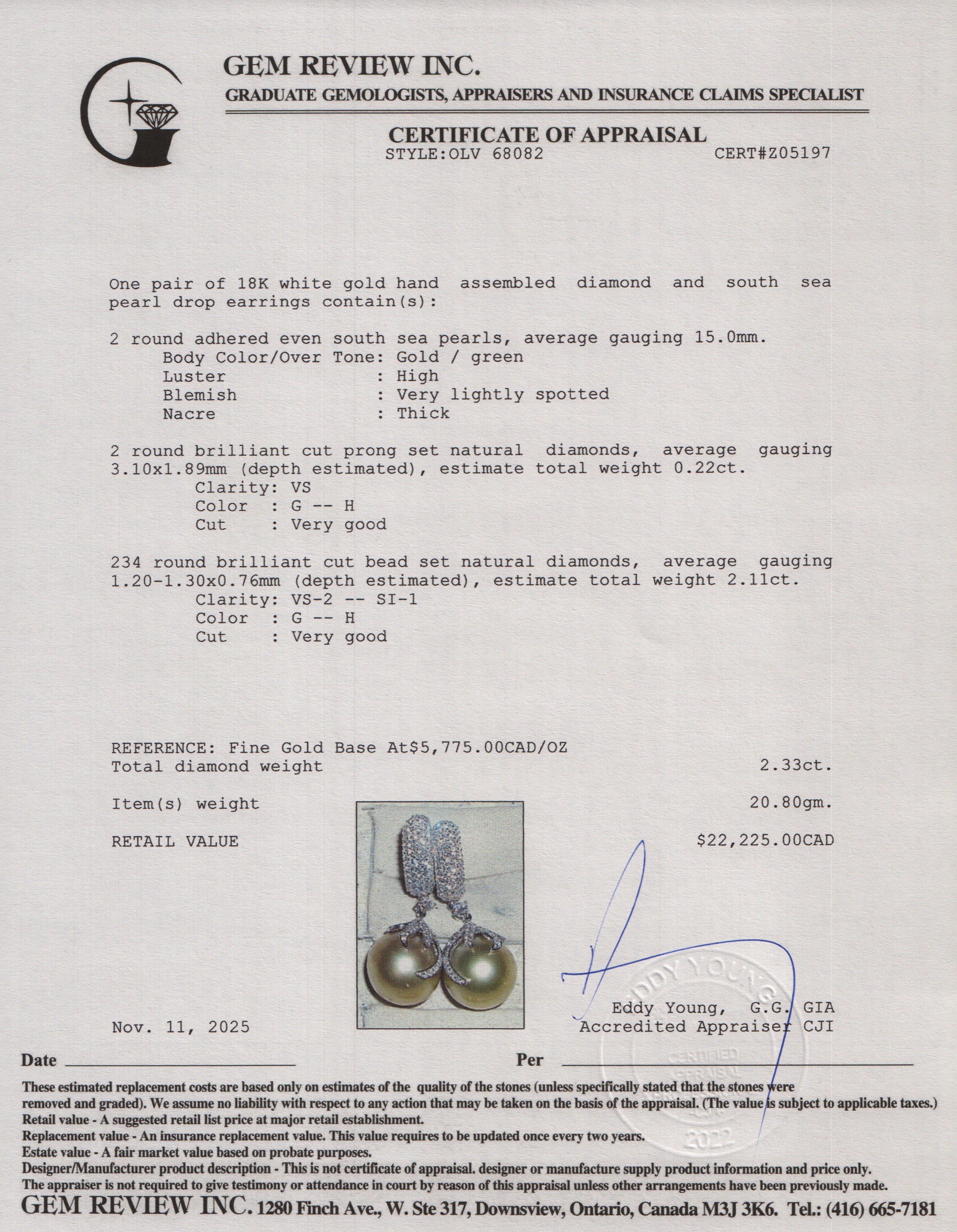 18k White Gold Diamond & South Sea Pearl Drop Earrings