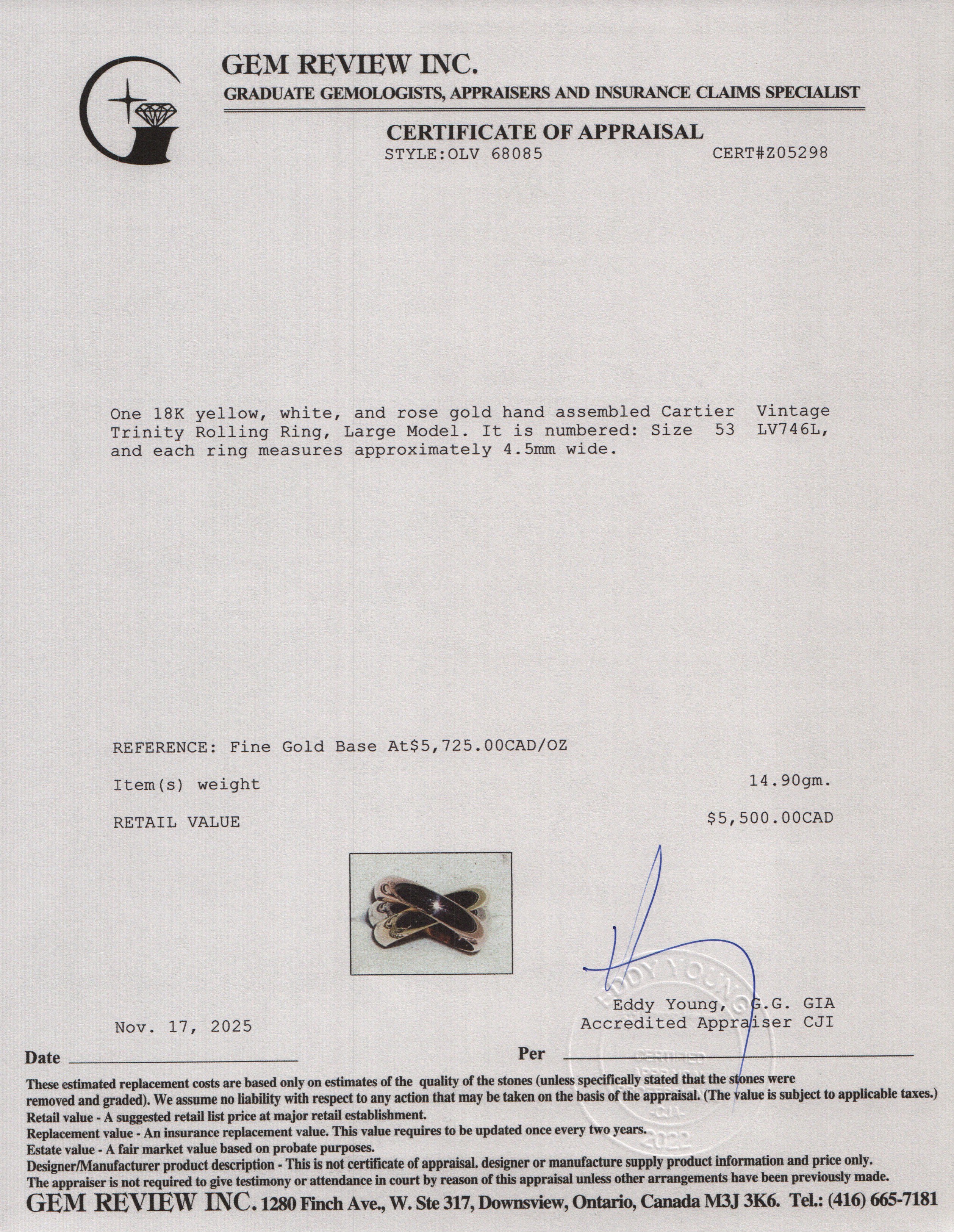 Cartier Vintage 18k Tri-Gold Trinity Rolling Ring, Large Model Size 53 6.25 w/ Box