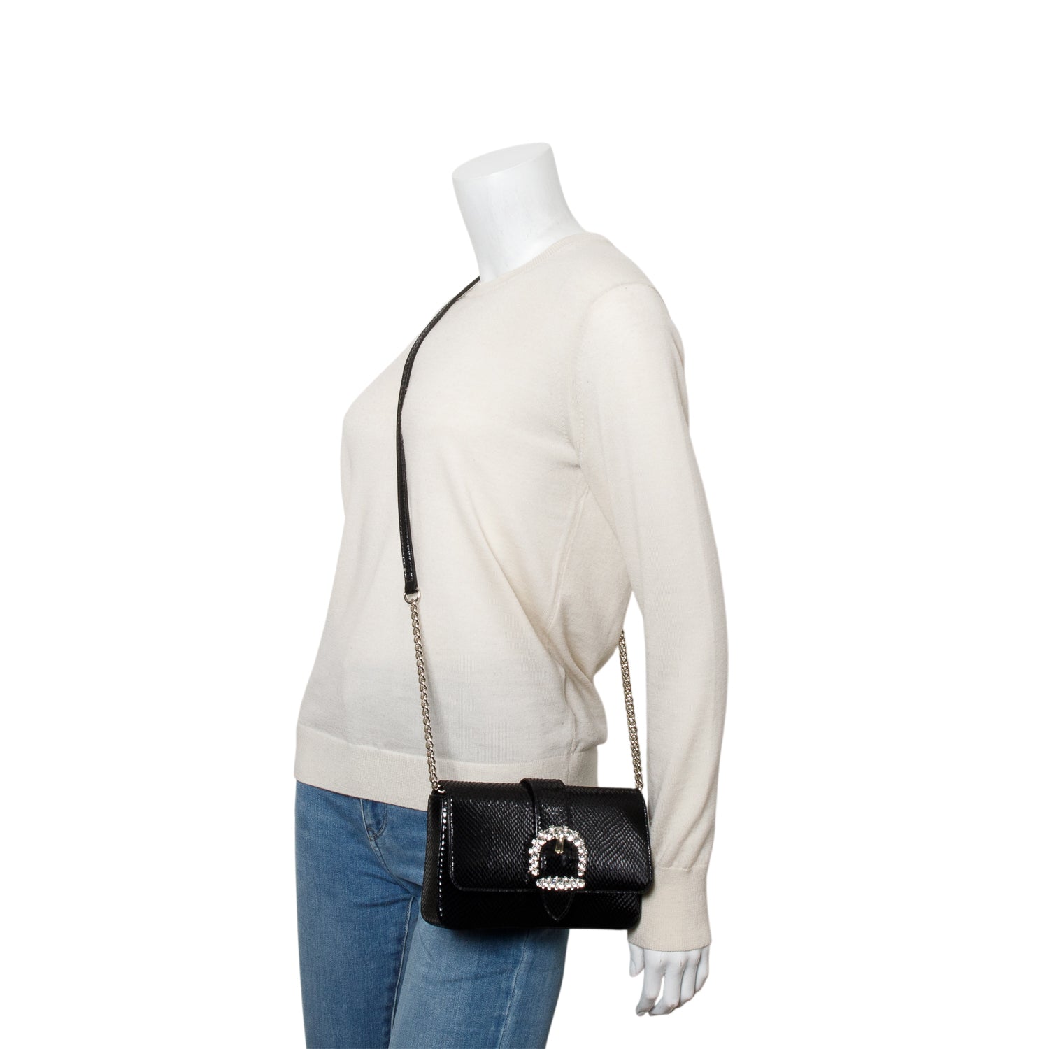 Jimmy Choo Black Lizard Embossed Calfskin Crystal Cheri Crossbody Bag