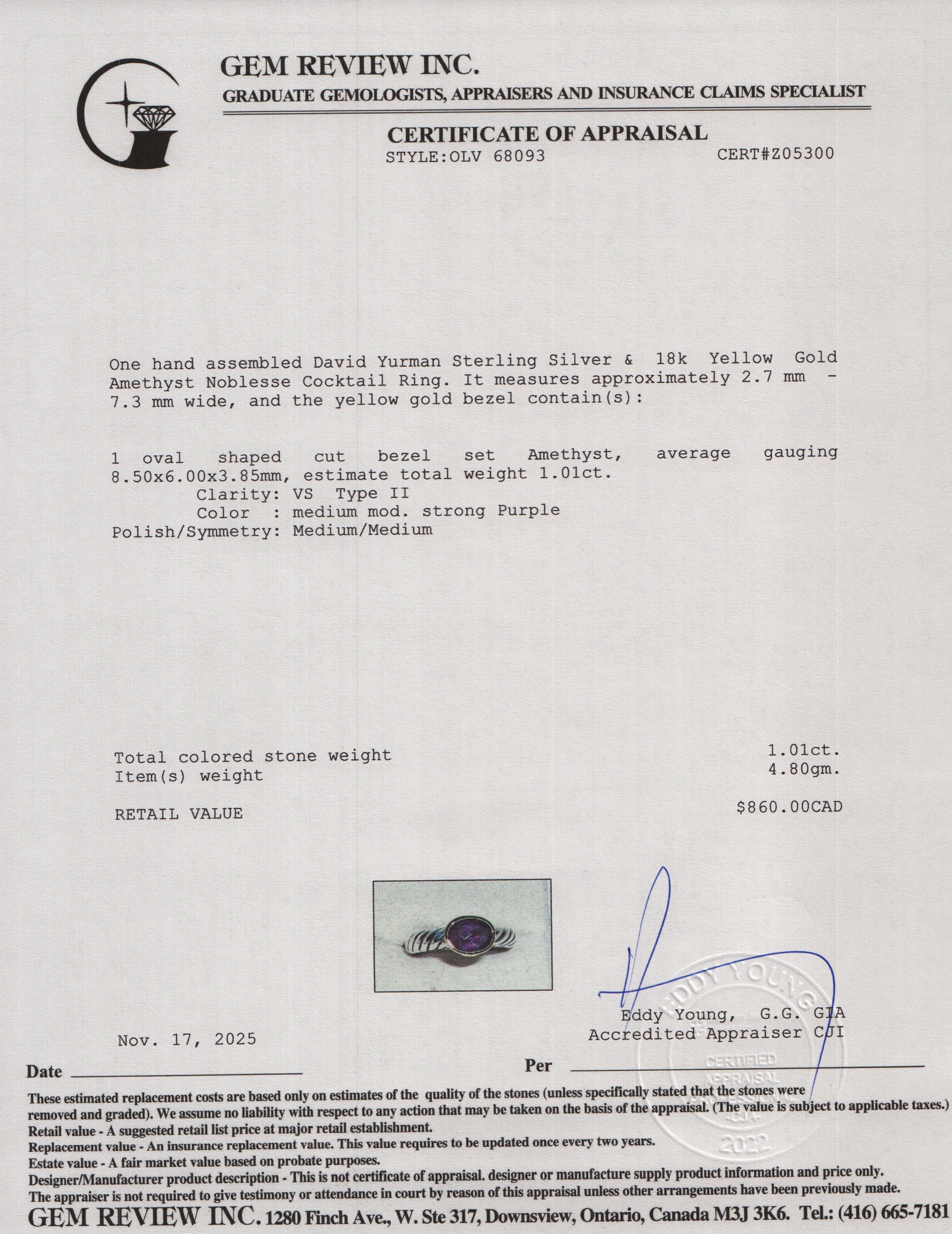 David Yurman Sterling Silver & 18k Yellow Gold Amethyst Noblesse Cocktail Ring, Size 6