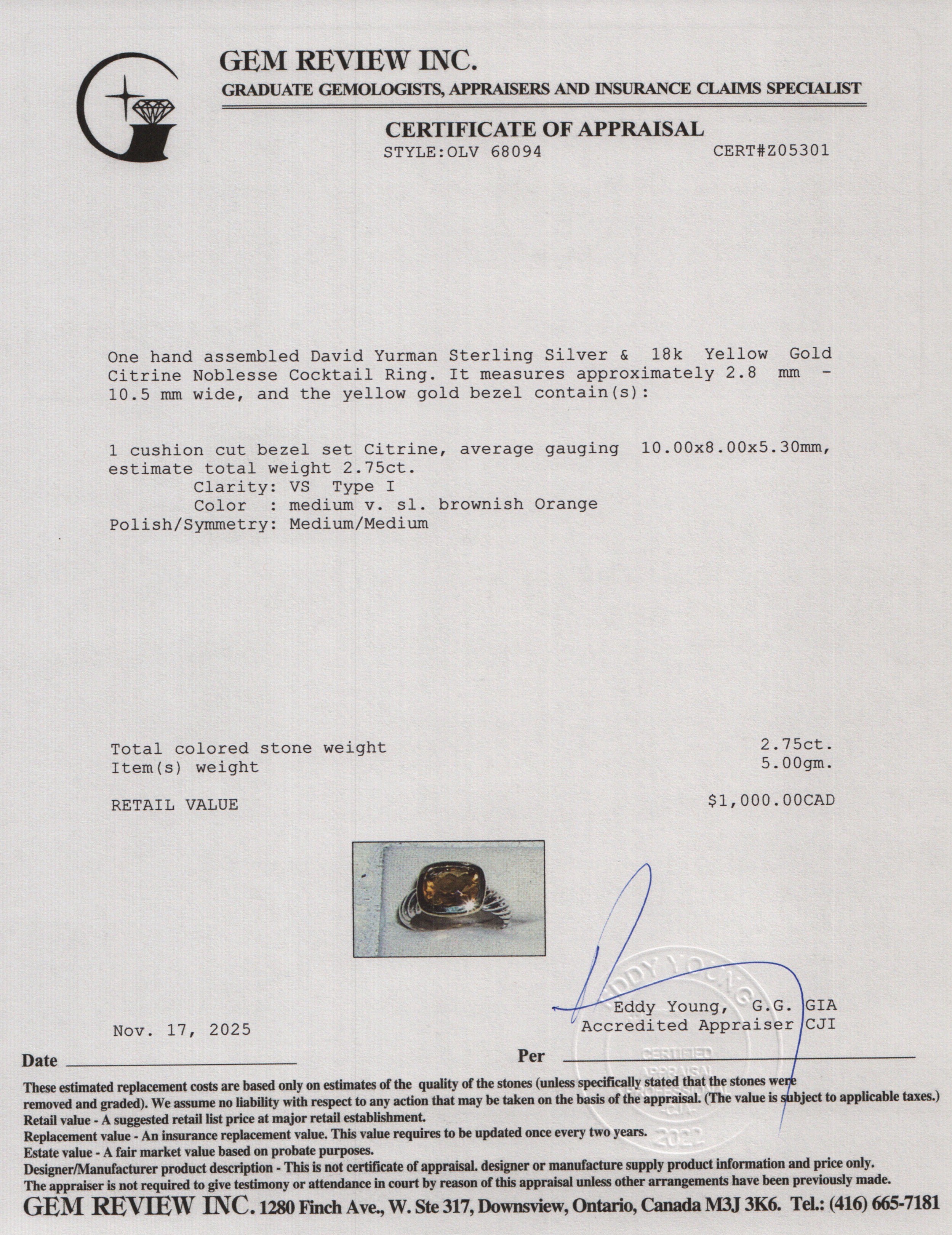 David Yurman Sterling Silver & 18k Yellow Gold Citrine Noblesse Cocktail Ring, Size 6