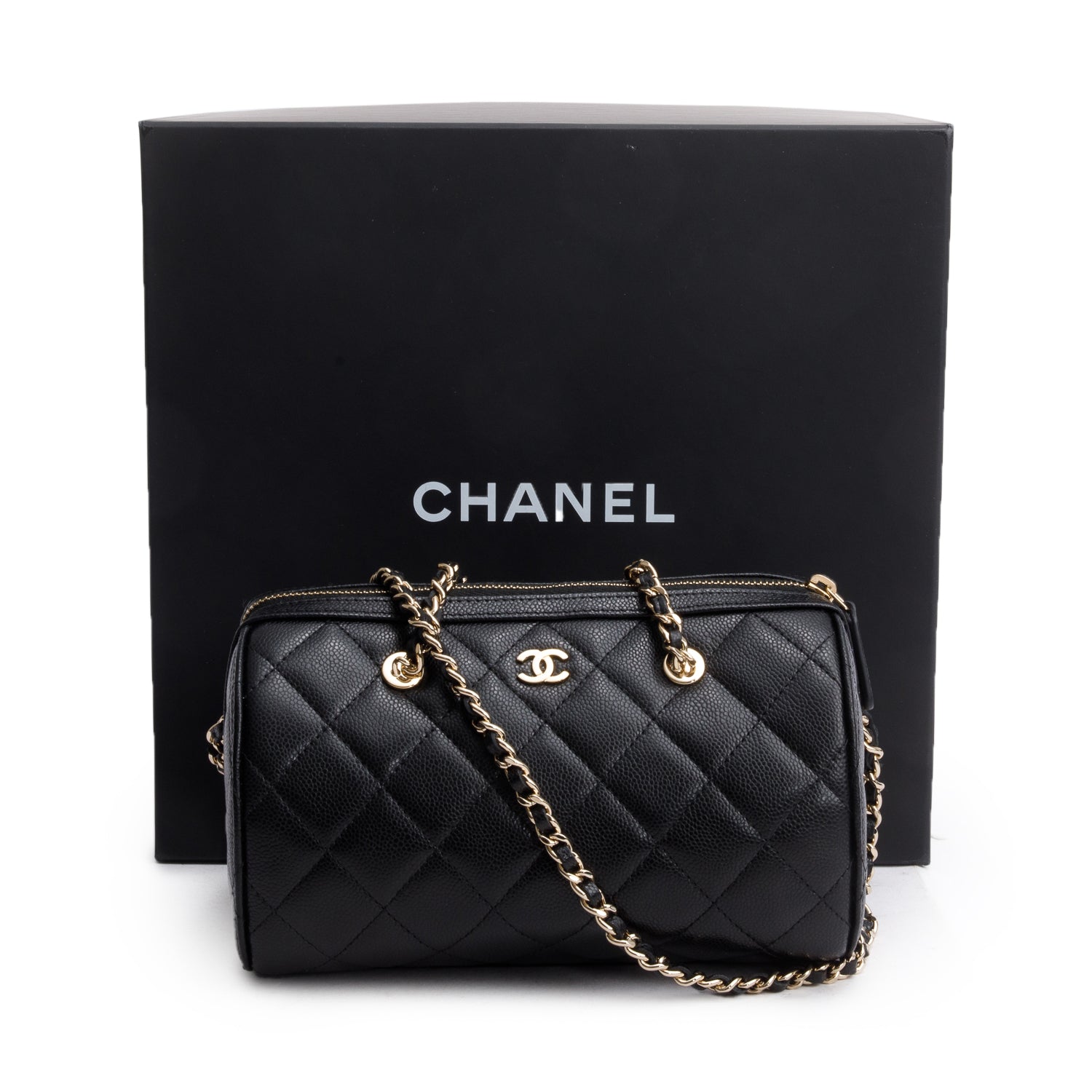 Chanel 2025 Black Caviar Quilted Leather Mini Bowling Bag w/ Box