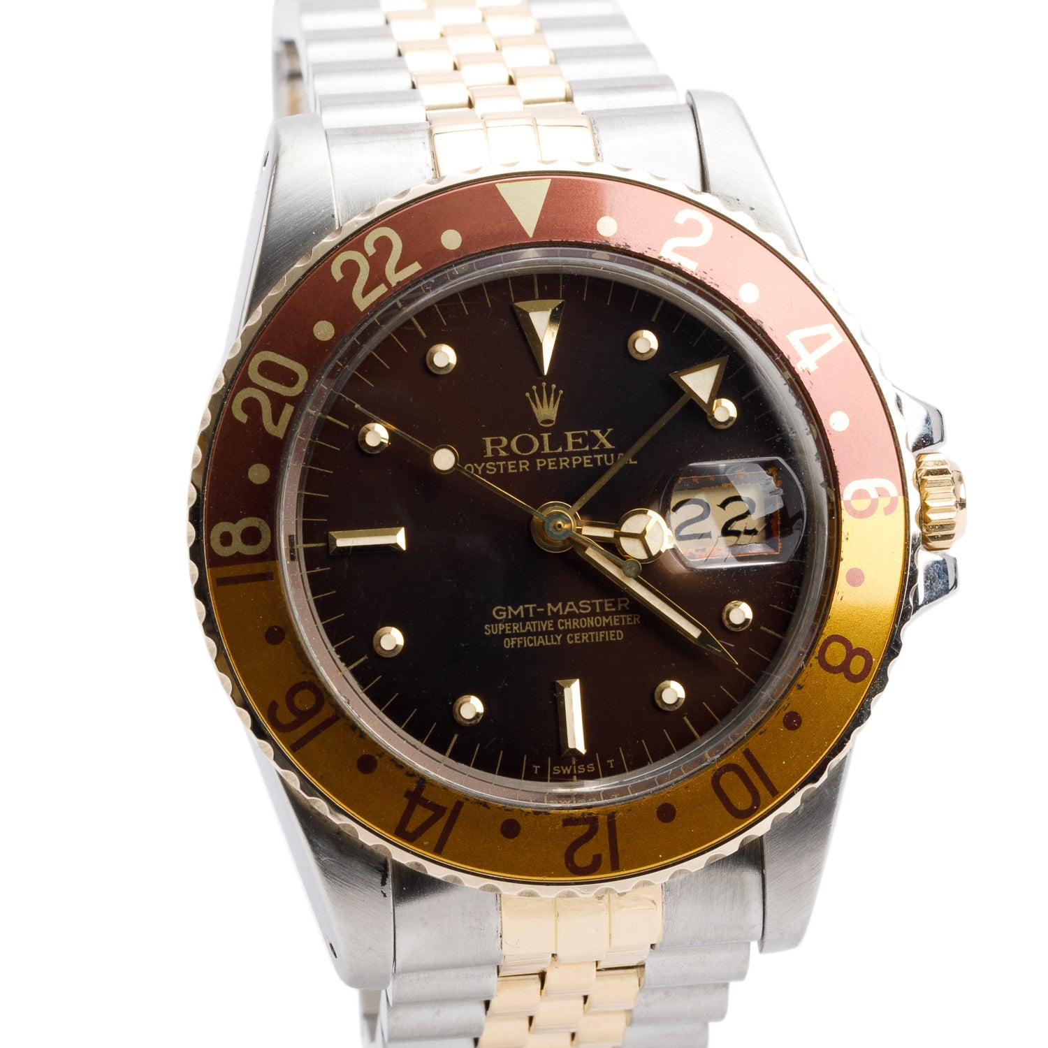 Rolex Vintage Stainless Steel & 18k Yellow Gold GMT-Master 'Root Beer' 40 MM Automatic Watch Chocolate Nipple Dial 16753 w/ Box & Papers