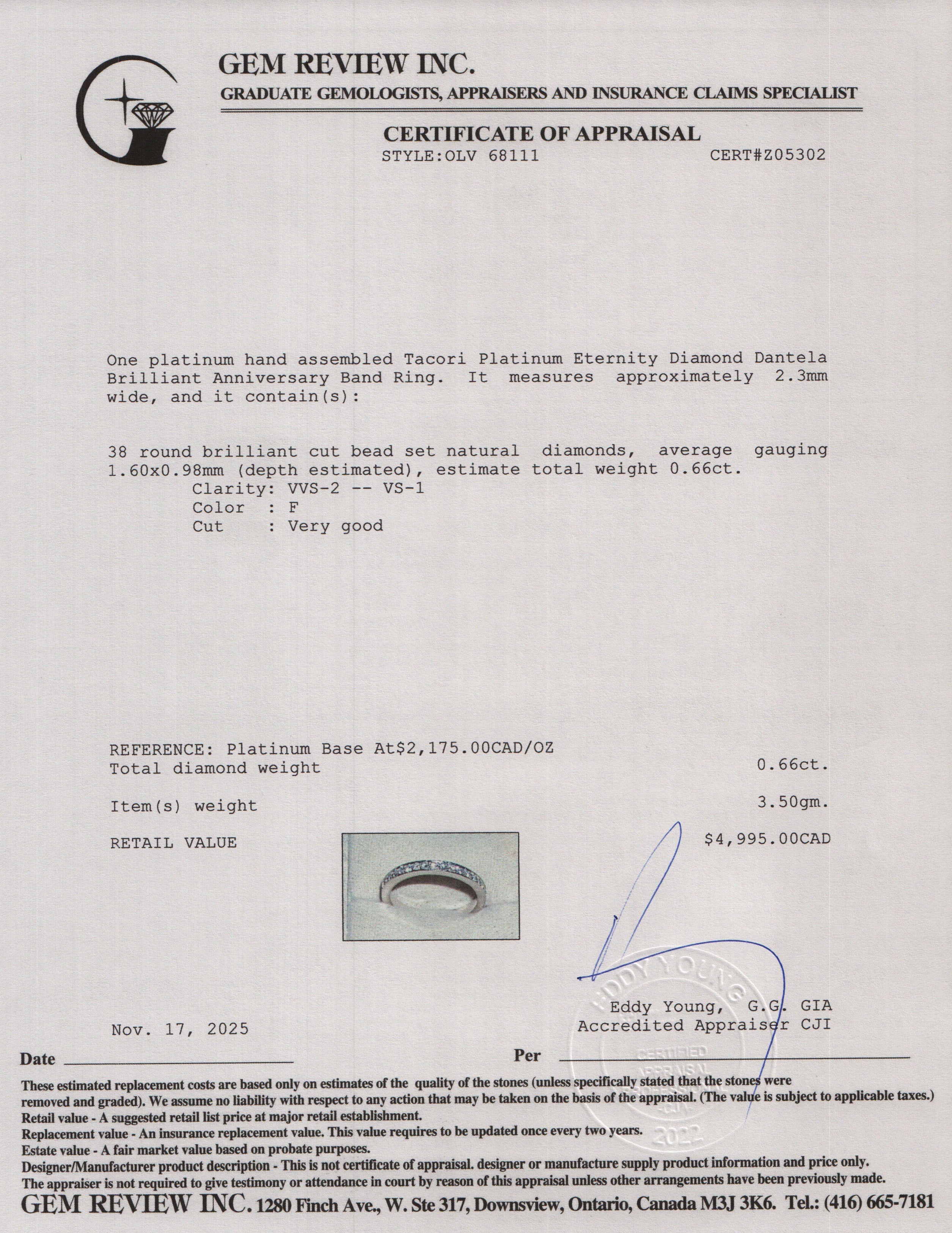 Tacori Platinum Eternity Diamond Dantela Brilliant Anniversary Band Ring, Size 6.25