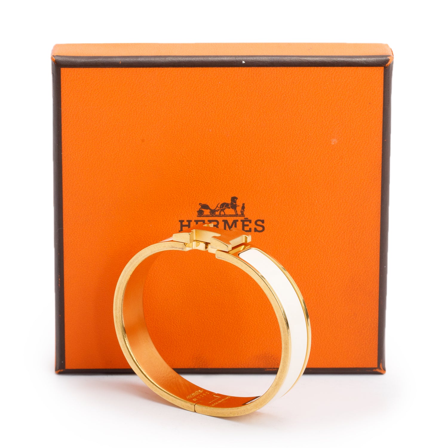 Hermes Gold Plated White Enamel 12 MM Clic H Bracelet w/ Box