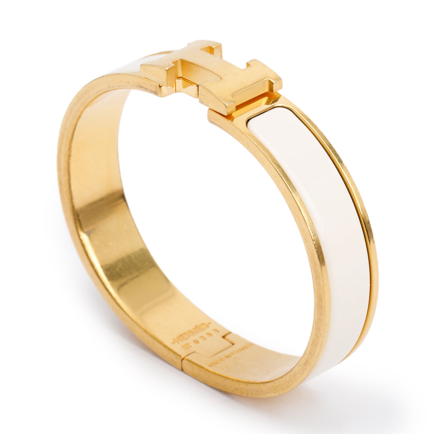 Hermes Gold Plated White Enamel 12 MM Clic H Bracelet w/ Box